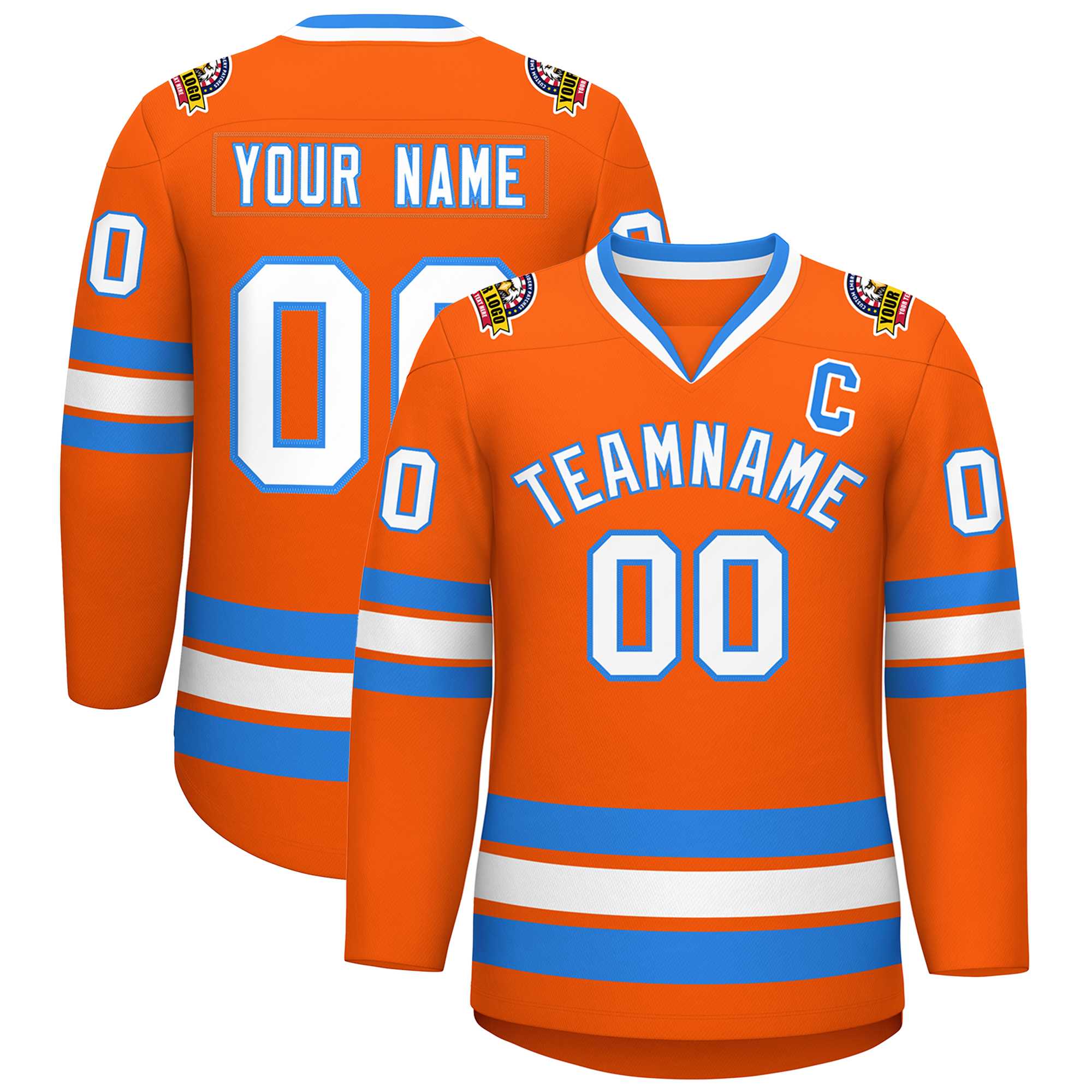 Maillot de hockey de style classique orange blanc-bleu poudre personnalisé