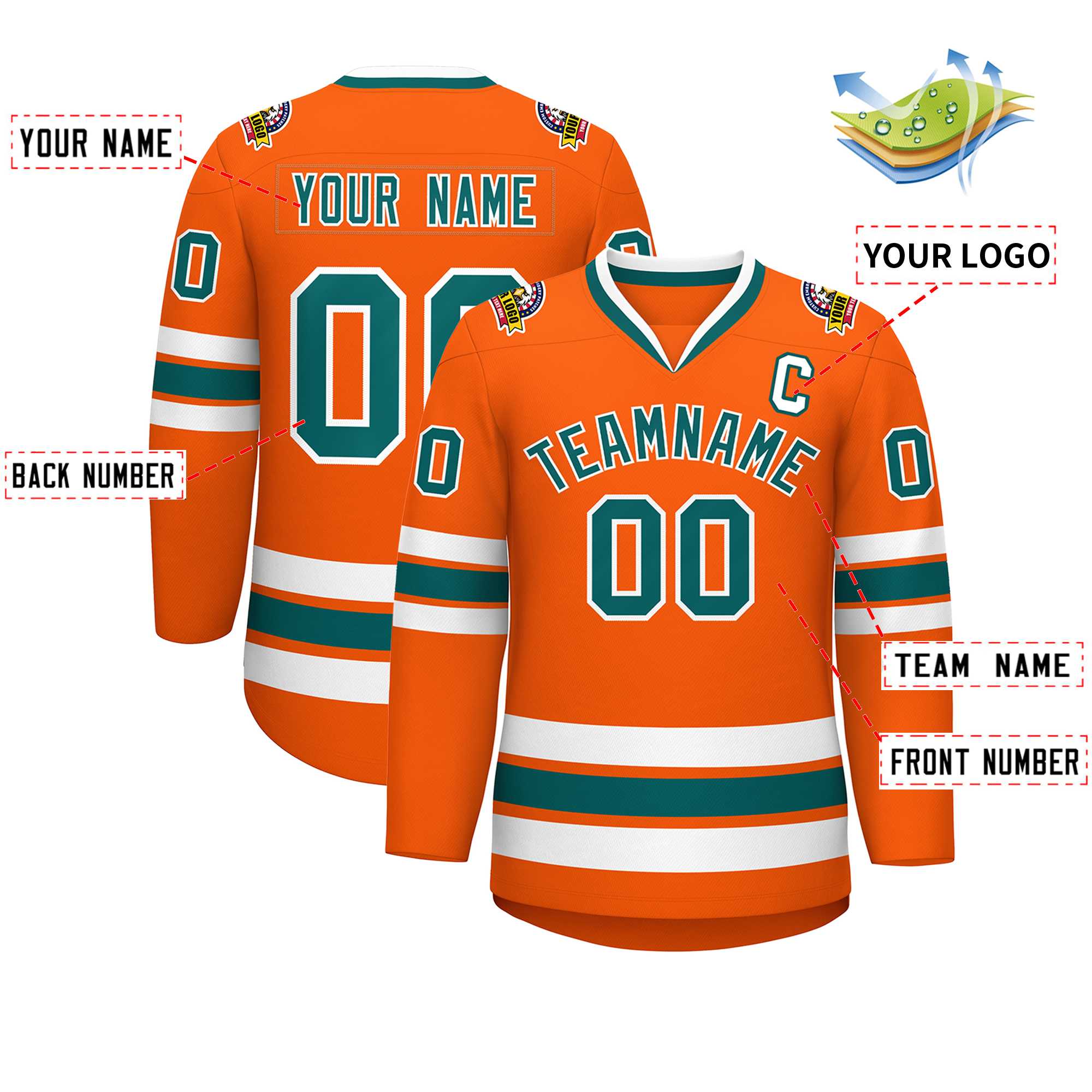 Custom Orange Aqua-White Classic Style Hockey Jersey