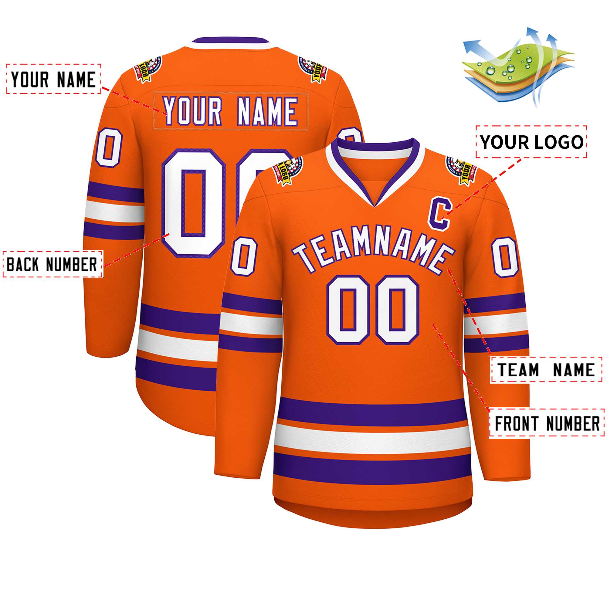 Maillot de hockey de style classique orange blanc-violet personnalisé