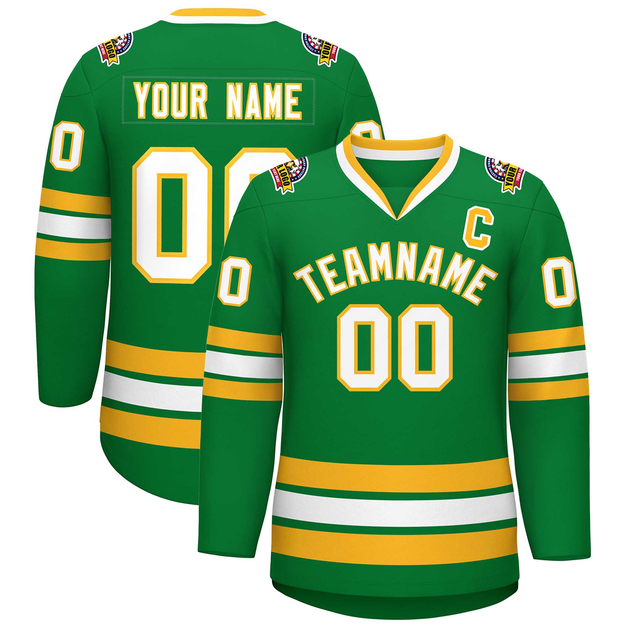 Custom Kelly Green White-Gold Classic Style Hockey Jersey