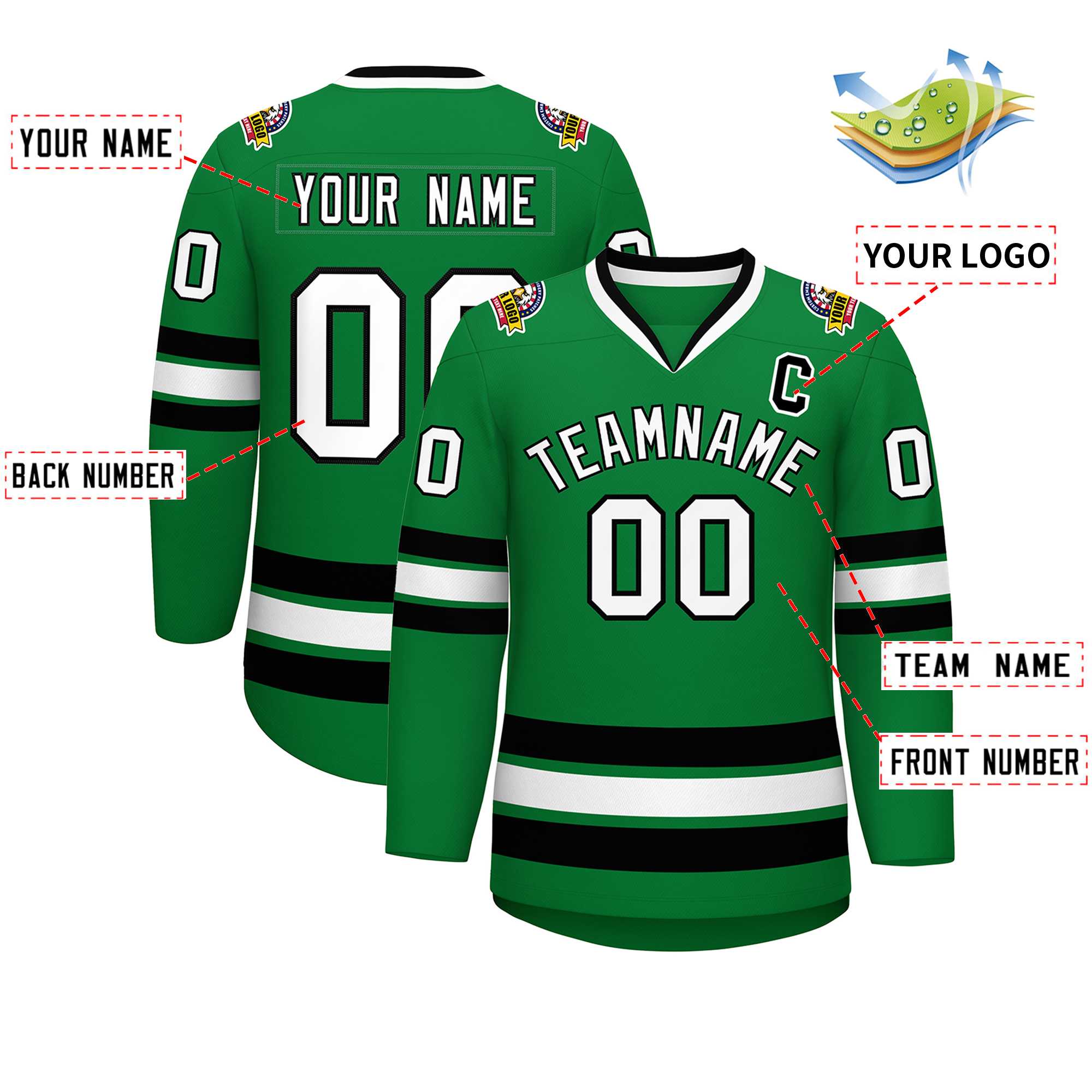 Custom Kelly Green White-Black Classic Style Hockey Jersey