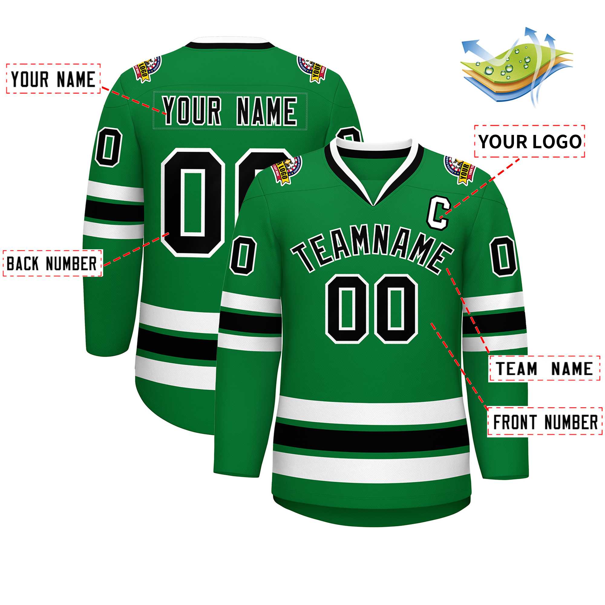 Custom Kelly Green Black-White Classic Style Hockey Jersey