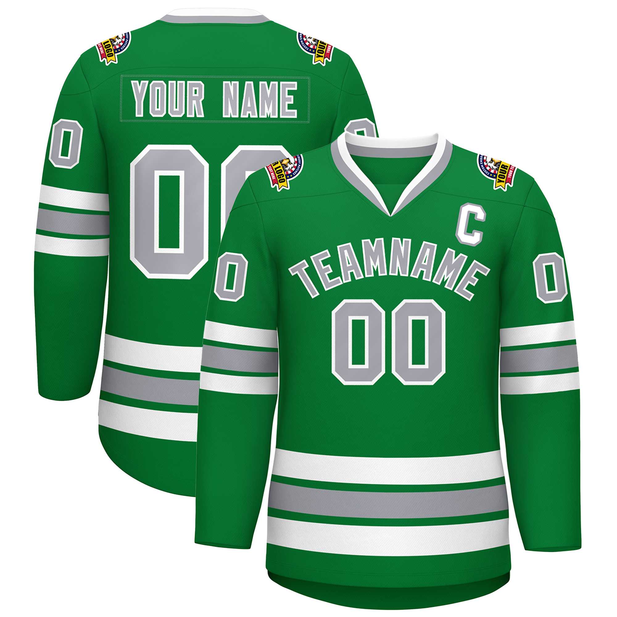 Custom Kelly Green Gray-White Classic Style Hockey Jersey