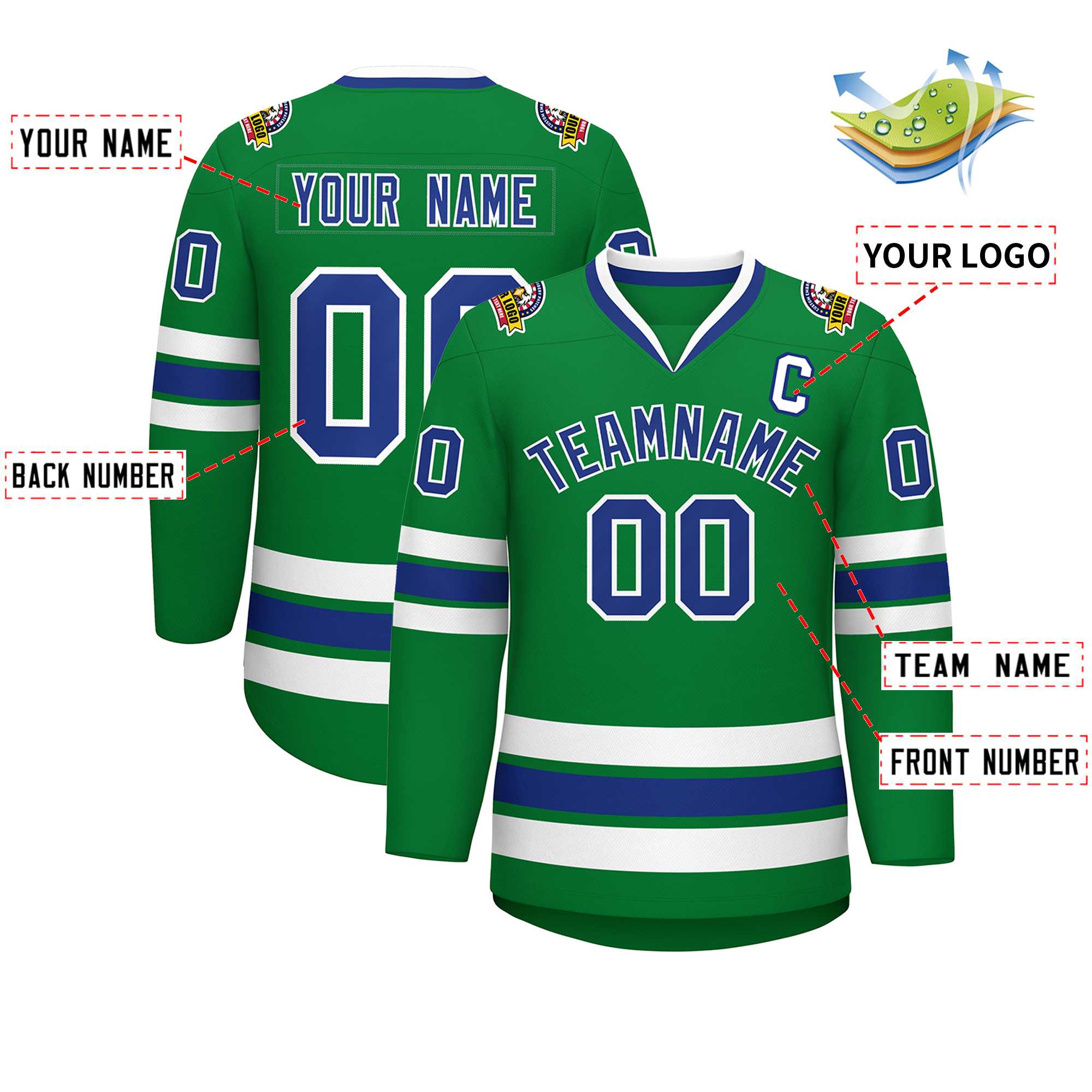 Custom Kelly Green Royal-White Classic Style Hockey Jersey