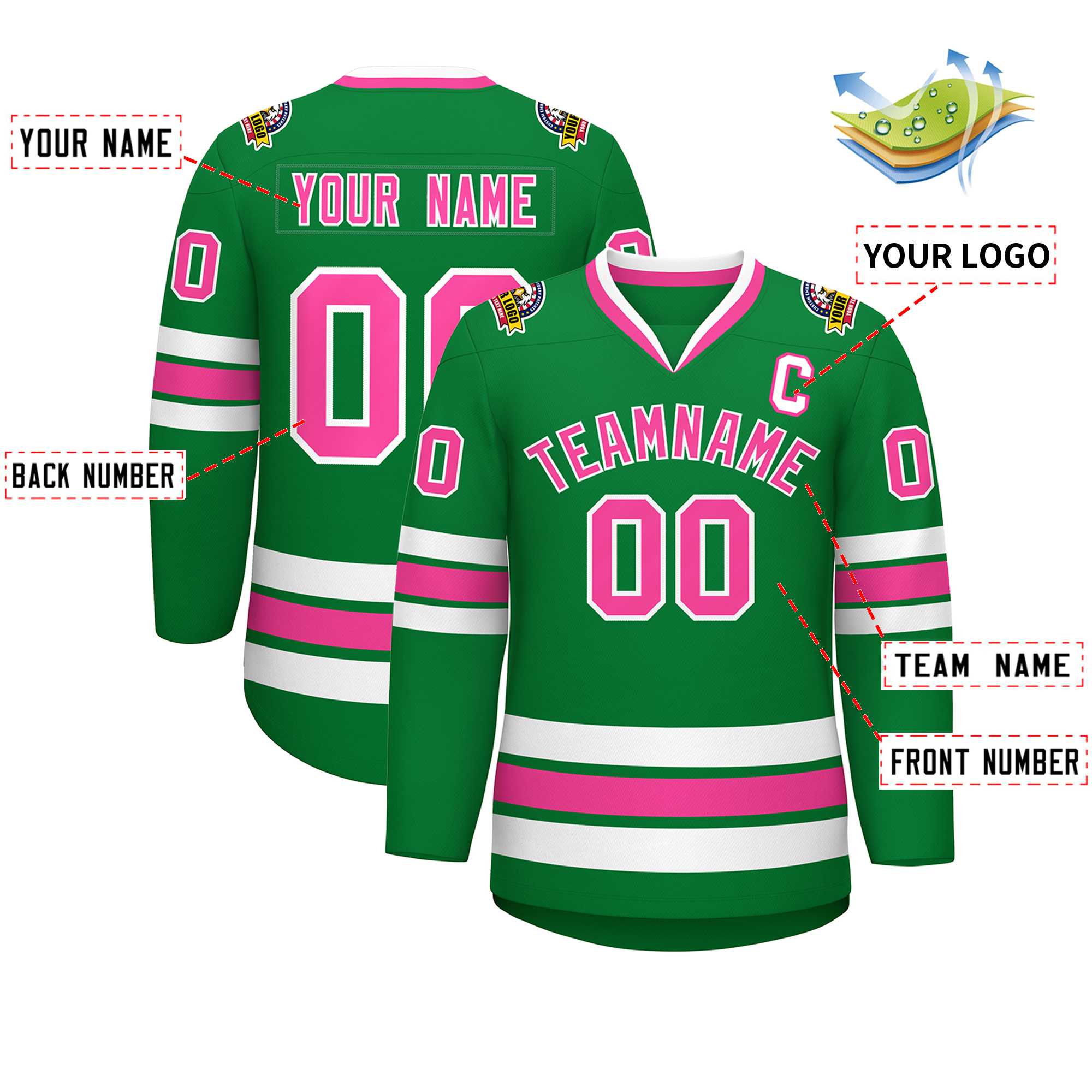 Maillot de hockey de style classique personnalisé Kelly vert rose-blanc