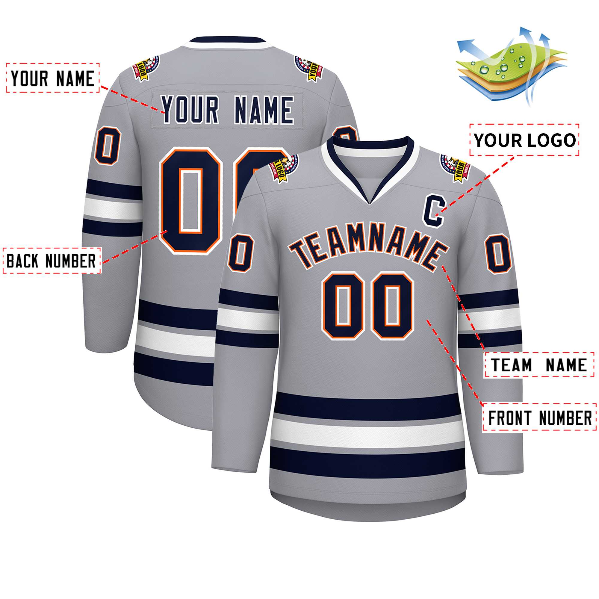 Maillot de hockey de style classique personnalisé gris marine orange-blanc