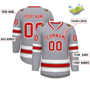 Maillot de hockey de style classique gris rouge-blanc personnalisé