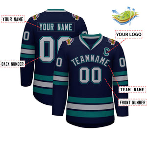 Custom Navy Gray Navy-Aqua Classic Style Hockey Jersey