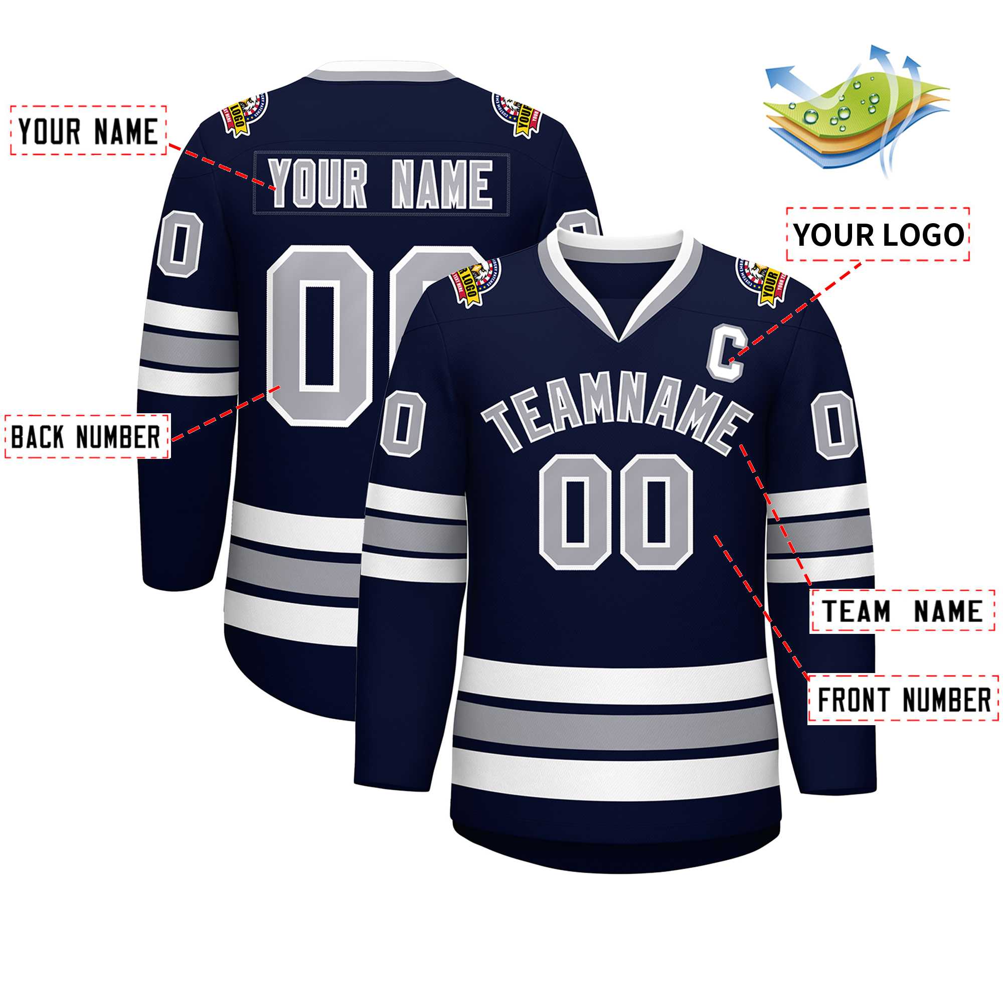 Custom Navy Gray-White Classic Style Hockey Jersey