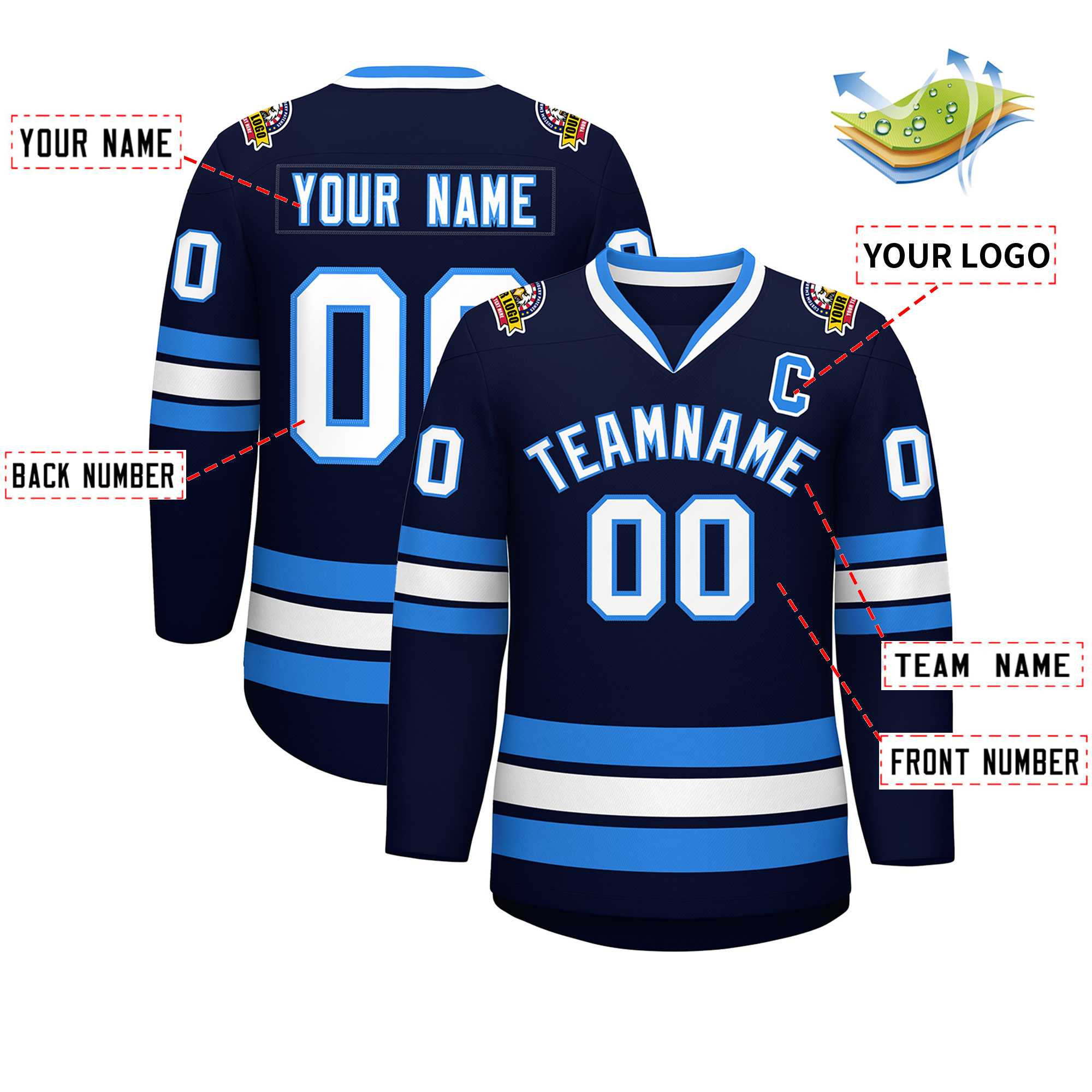 Custom Navy White-Powder Blue Classic Style Hockey Jersey