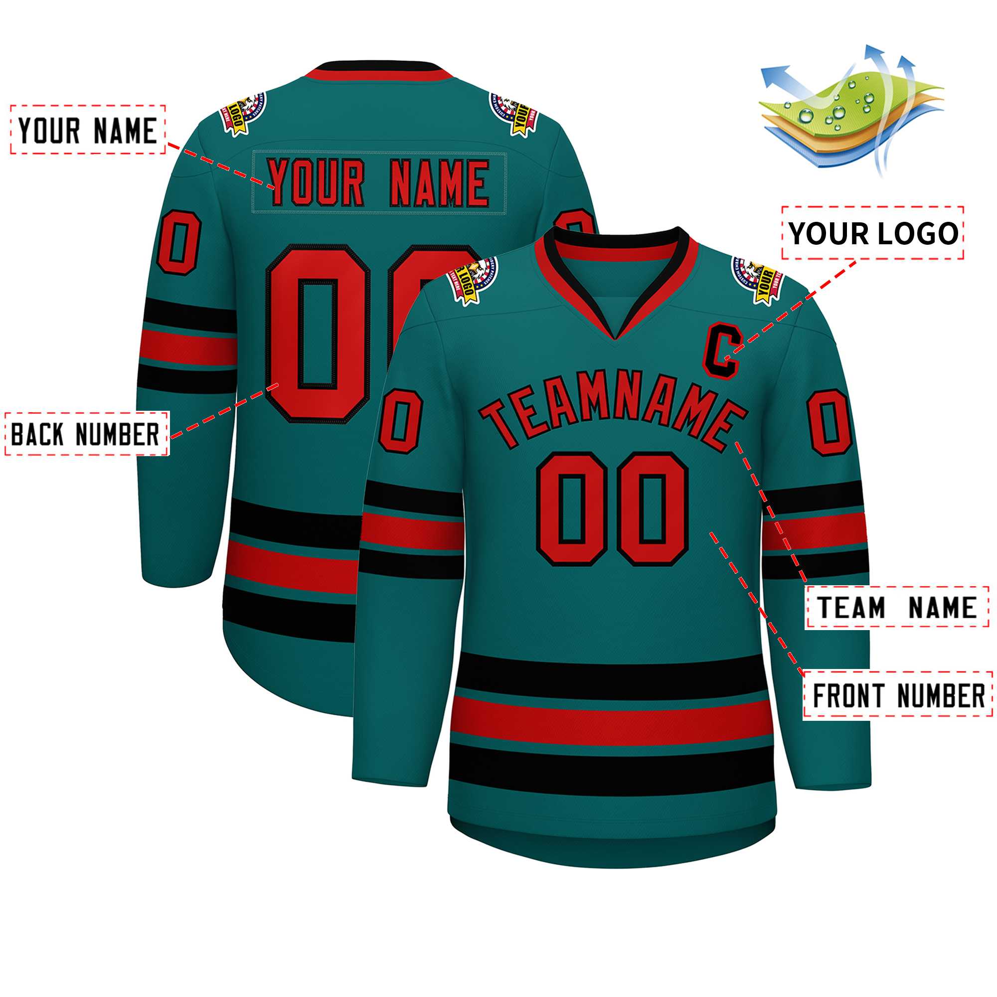 Maillot de hockey de style classique Aqua rouge-noir personnalisé