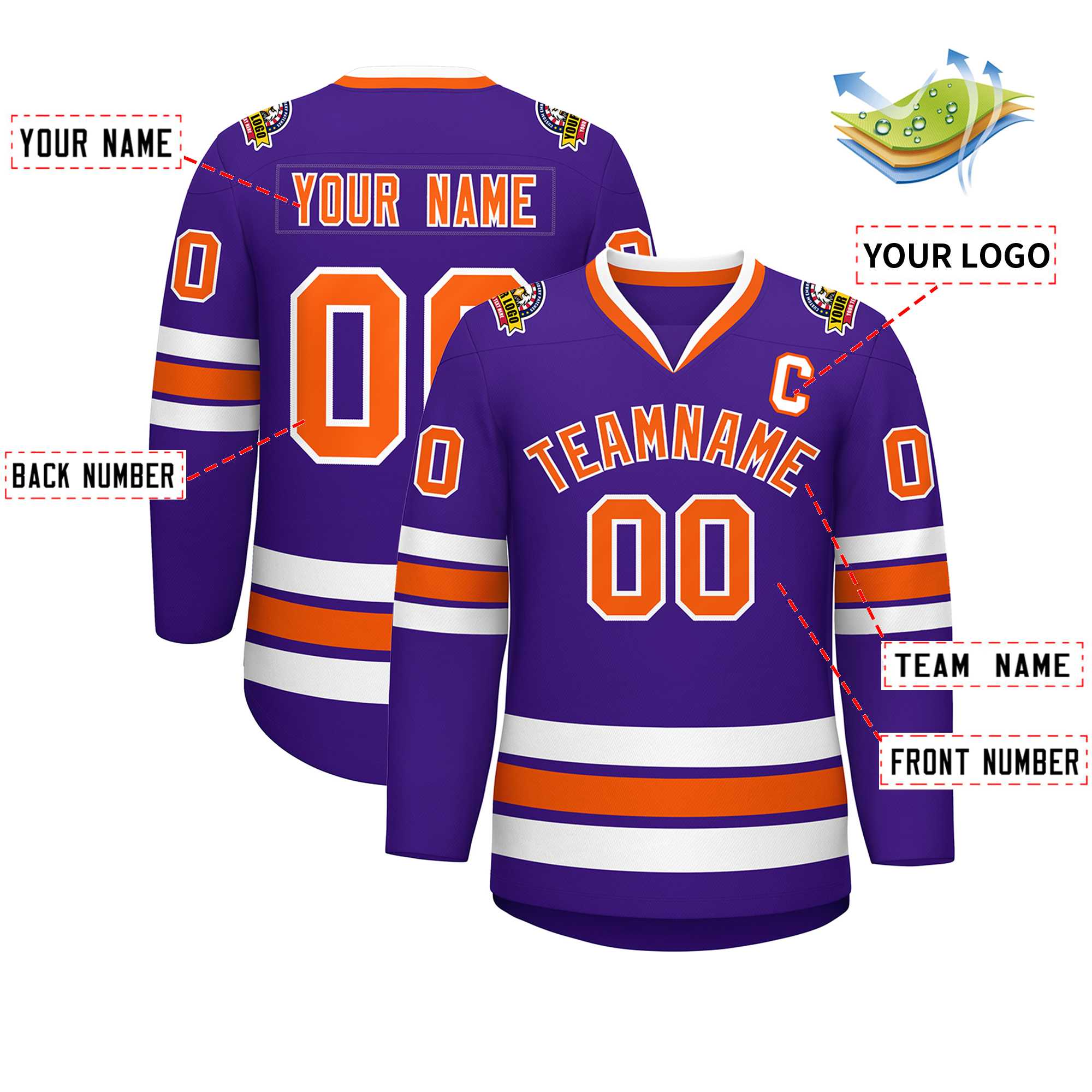 Maillot de hockey de style classique violet orange-blanc personnalisé