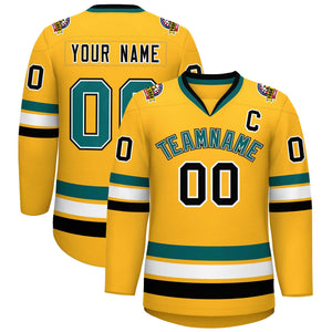 Maillot de hockey de style classique personnalisé Gold Aqua blanc-noir