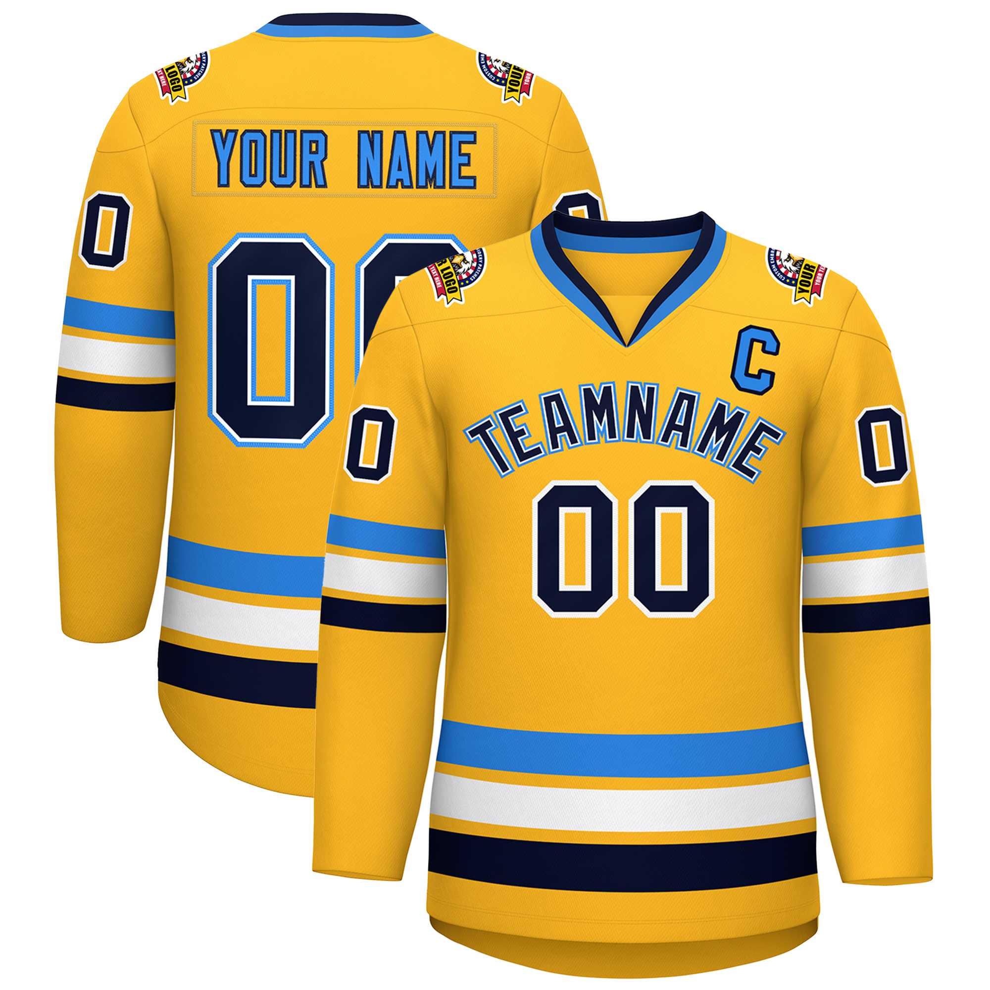 Custom Gold Navy White-Powder Blue Classic Style Hockey Jersey