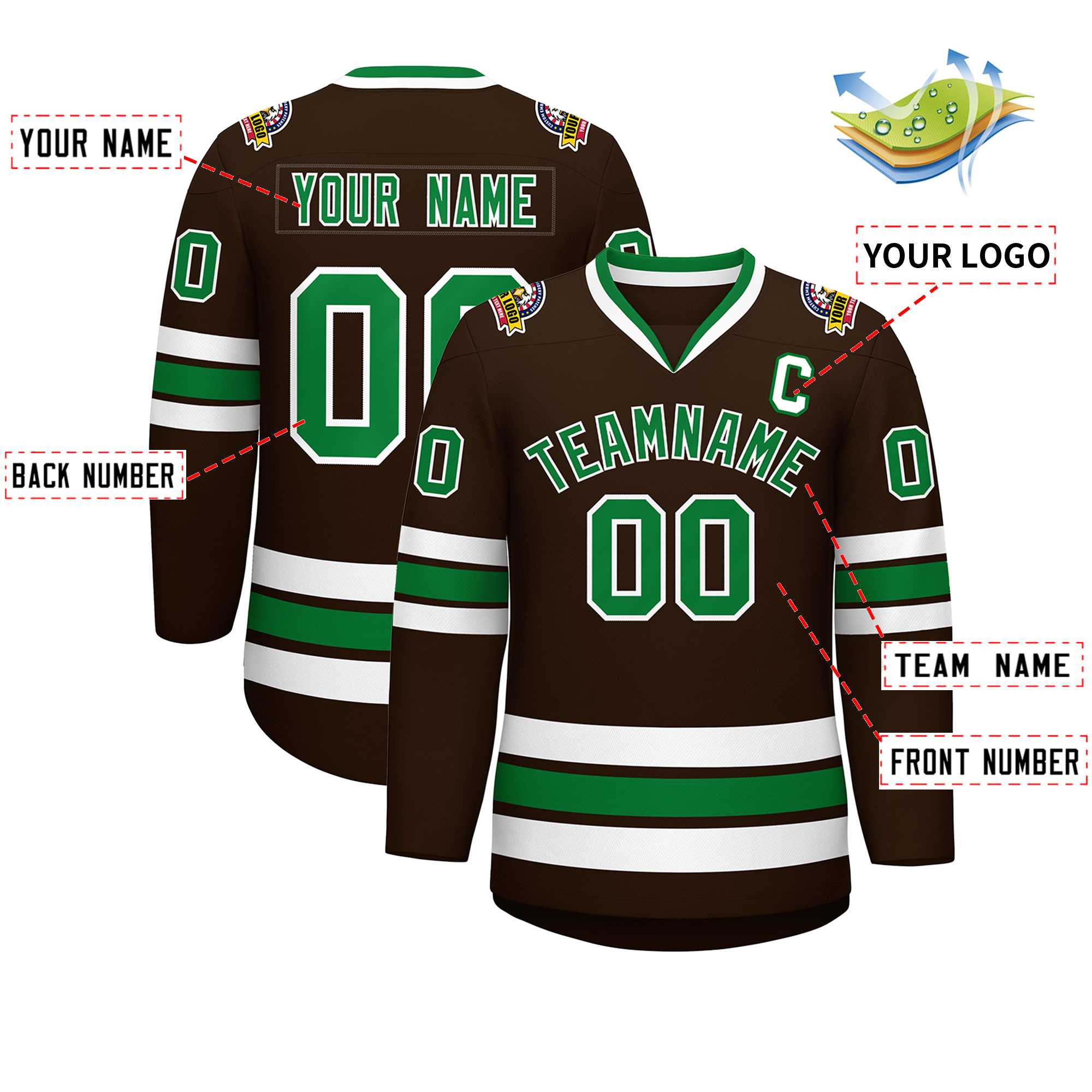 Custom Brown Kelly Green-White Classic Style Hockey Jersey