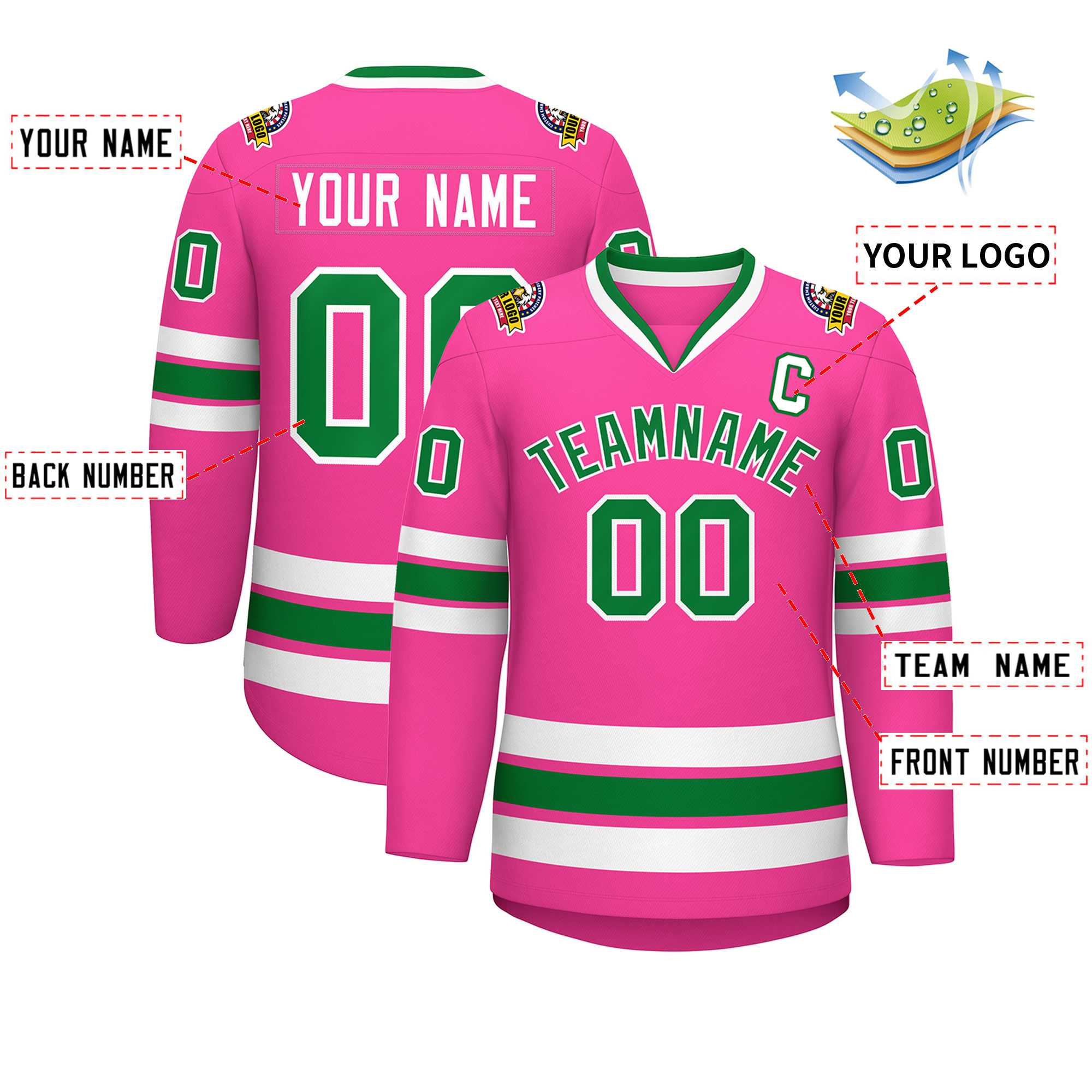 Custom Pink Kelly Green-White Classic Style Hockey Jersey