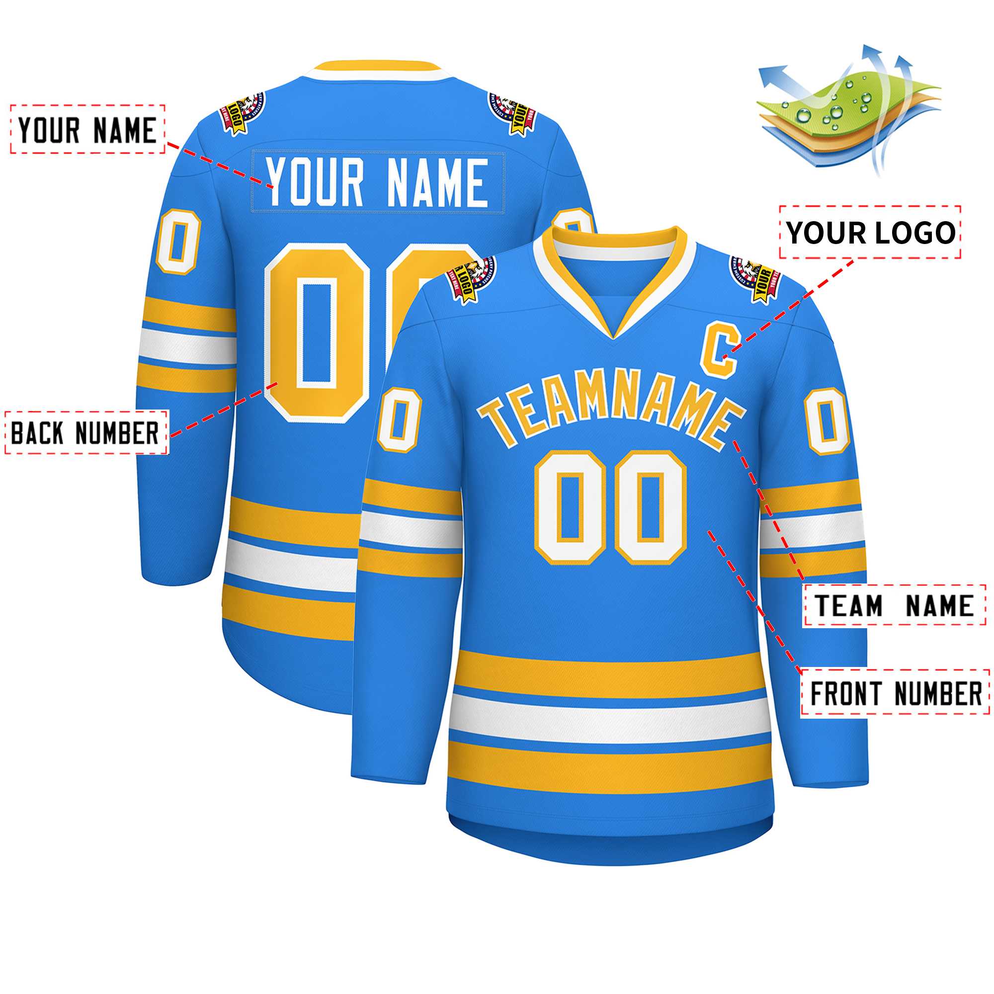 Custom Powder Blue Gold-White Classic Style Hockey Jersey