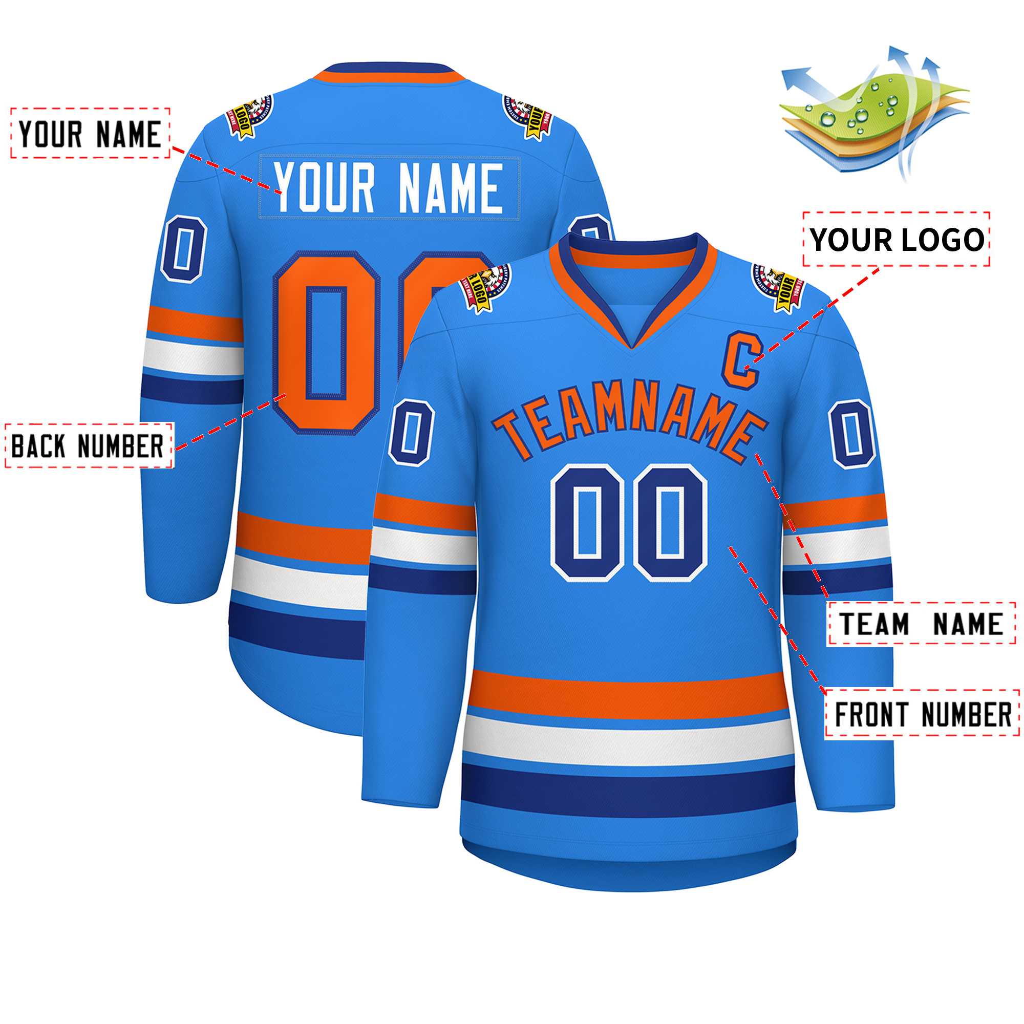 Custom Powder Blue Orange-Royal Classic Style Hockey Jersey