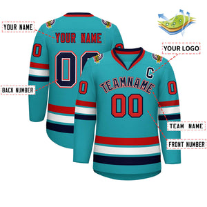 Custom Aqua Navy White-Red Classic Style Hockey Jersey