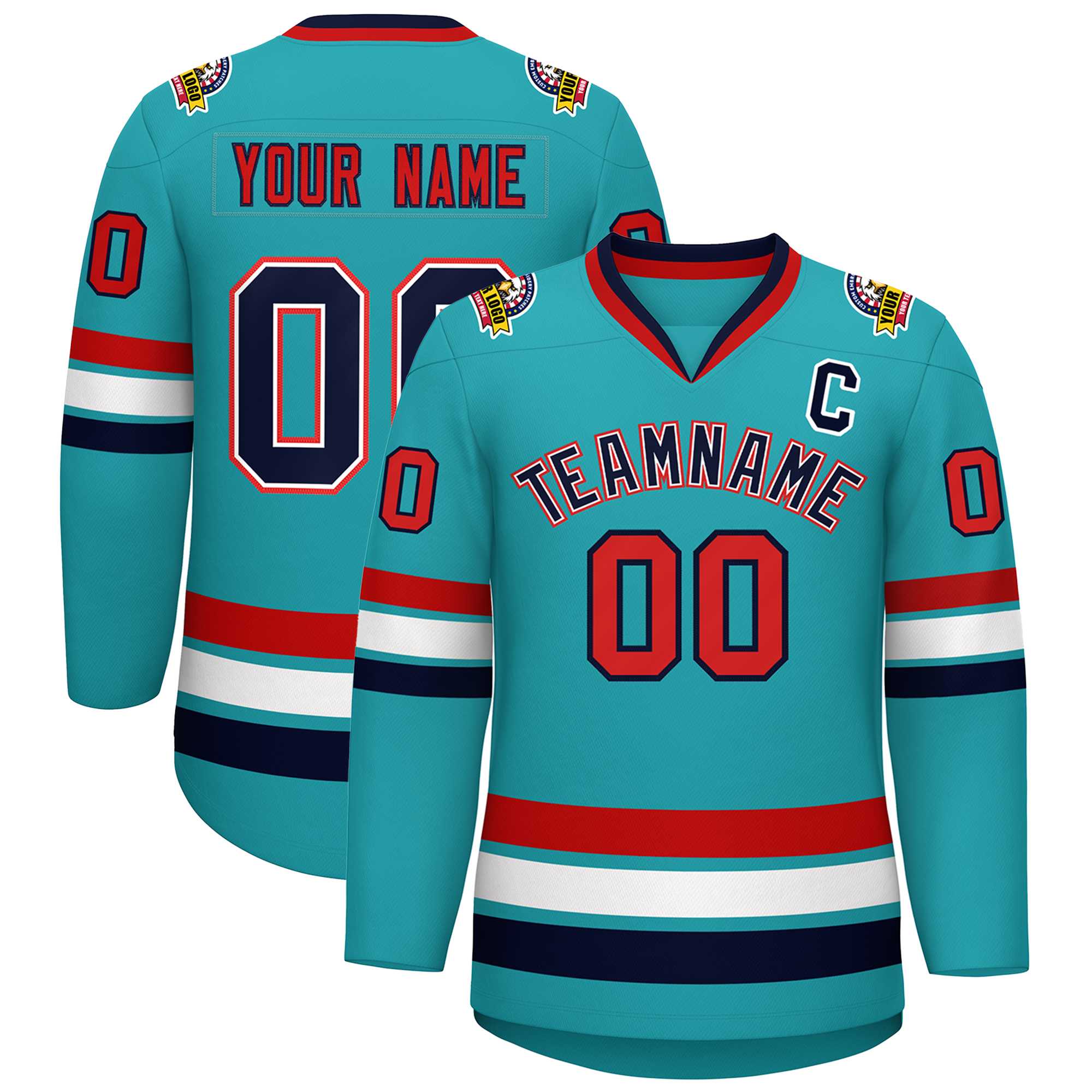 Maillot de hockey de style classique Aqua Navy blanc-rouge personnalisé