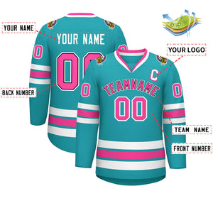 Custom Aqua Pink Navy-White Classic Style Hockey Jersey