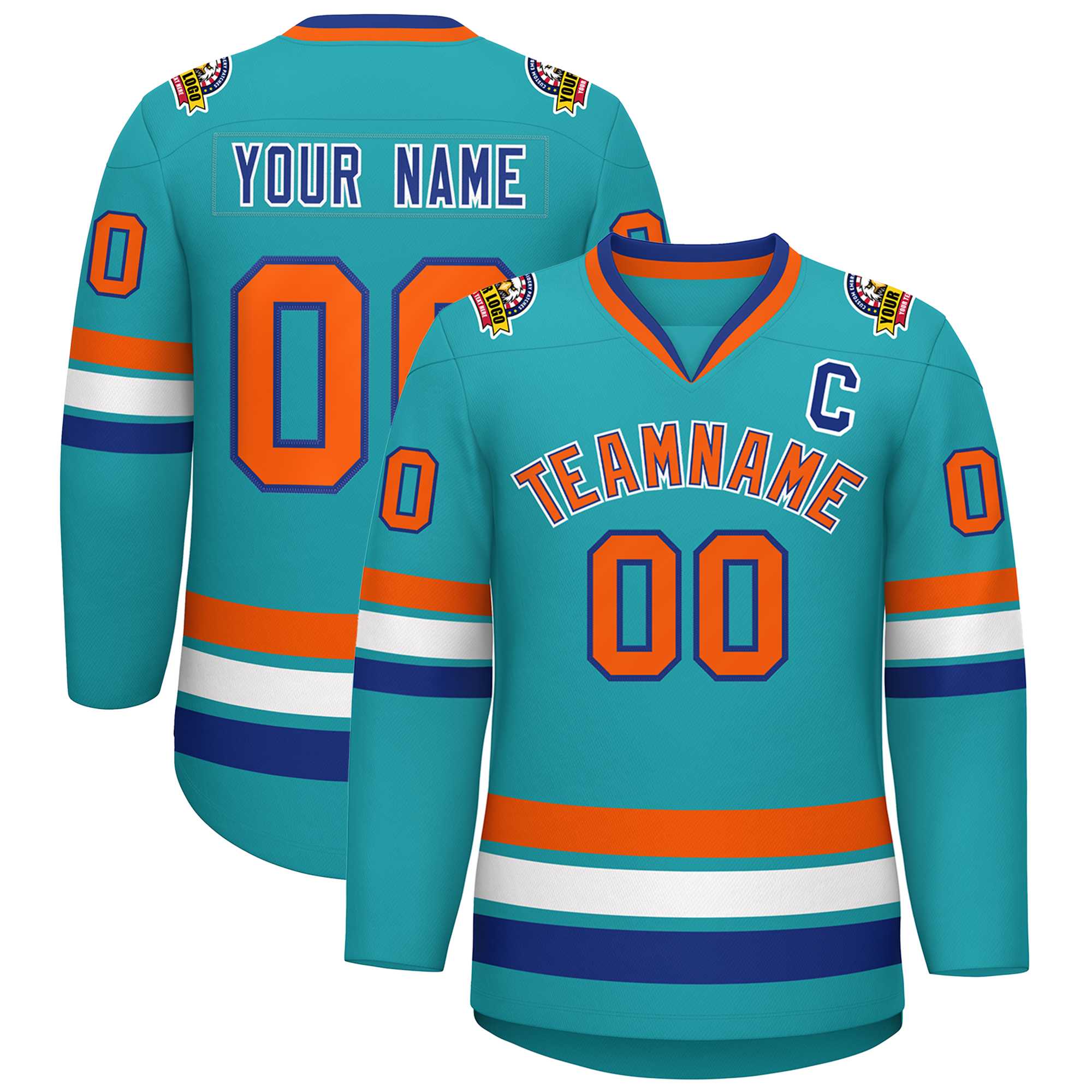 Custom Aqua Orange Royal-White Classic Style Hockey Jersey