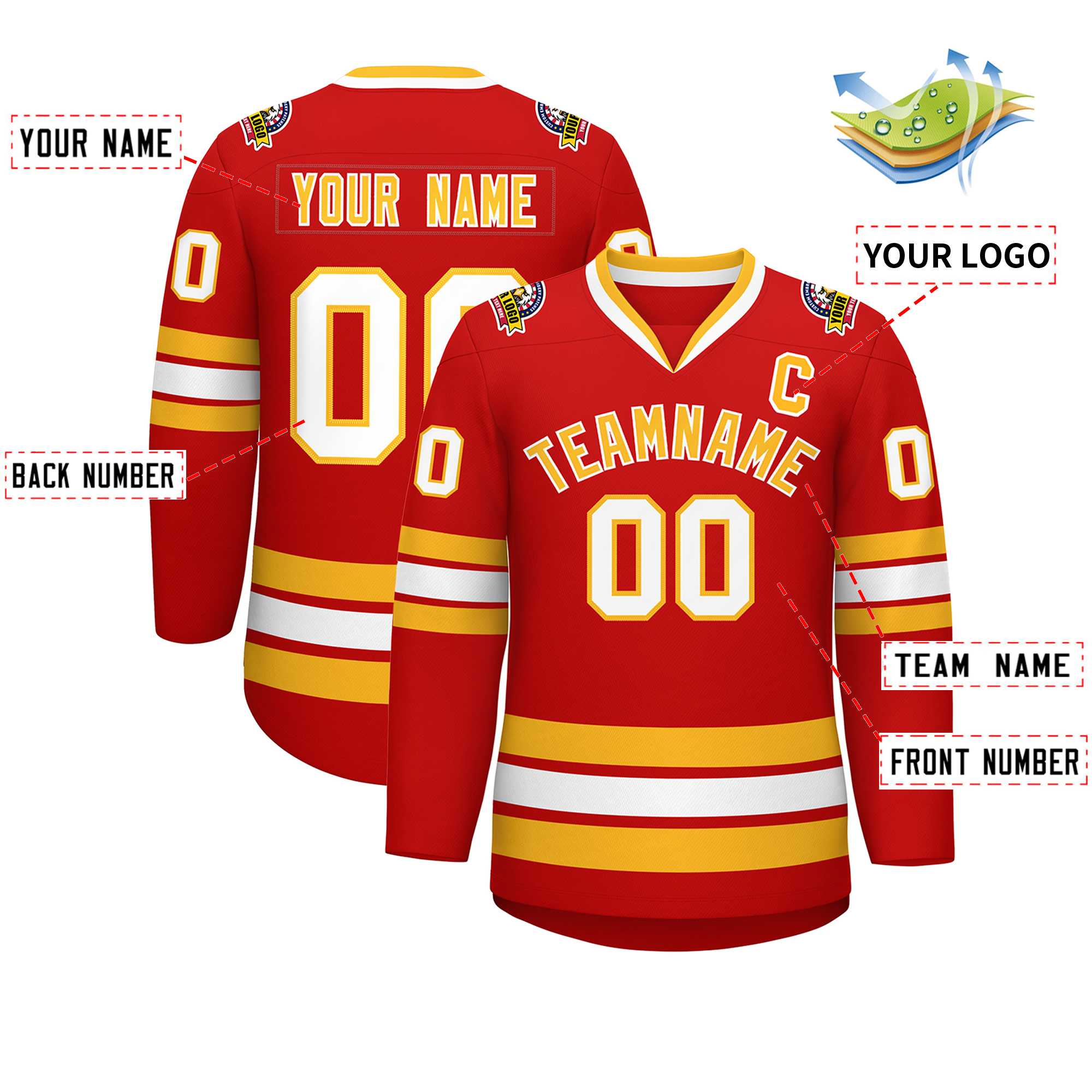 Custom Red Gold-White Classic Style Hockey Jersey