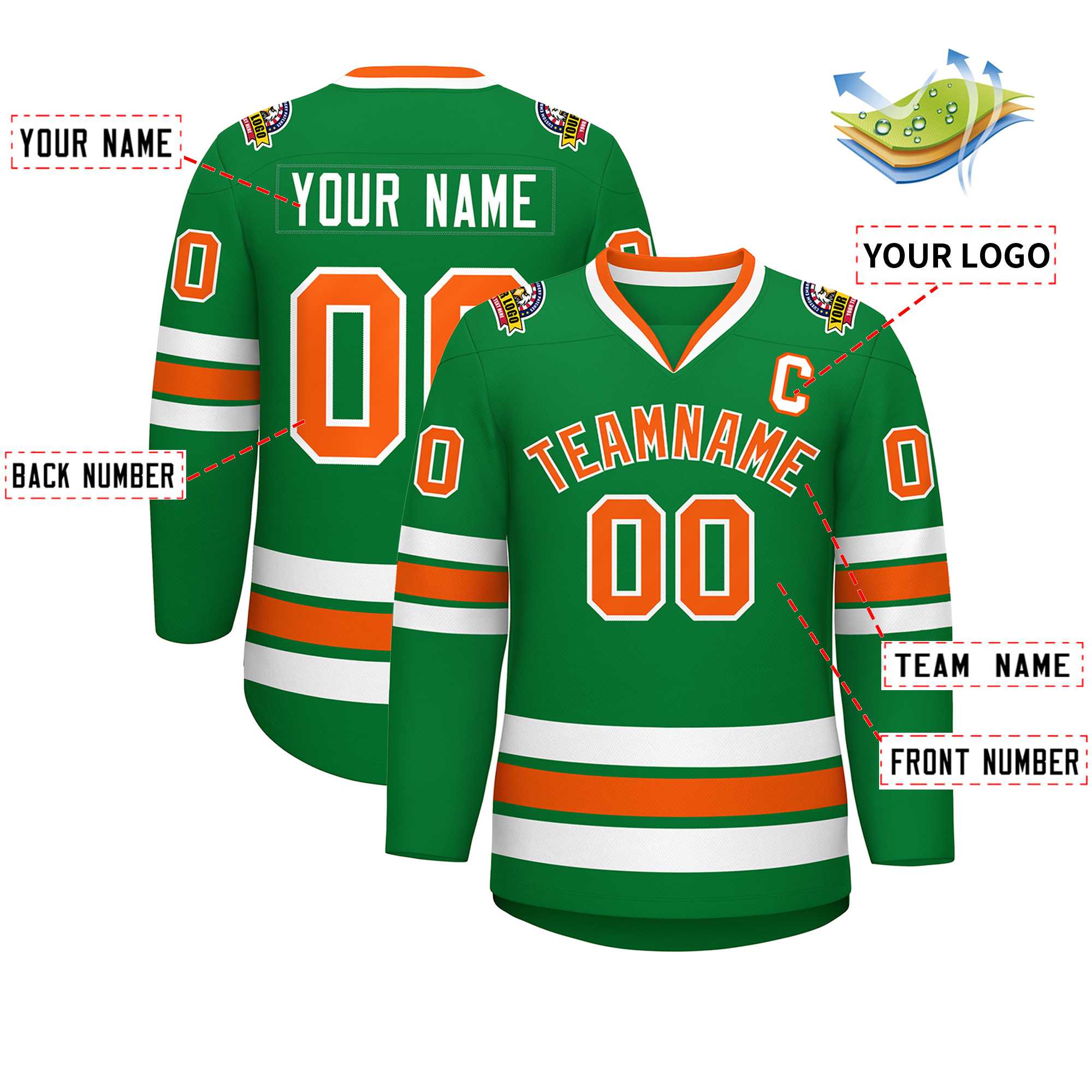 Custom Kelly Green Orange-White Classic Style Hockey Jersey