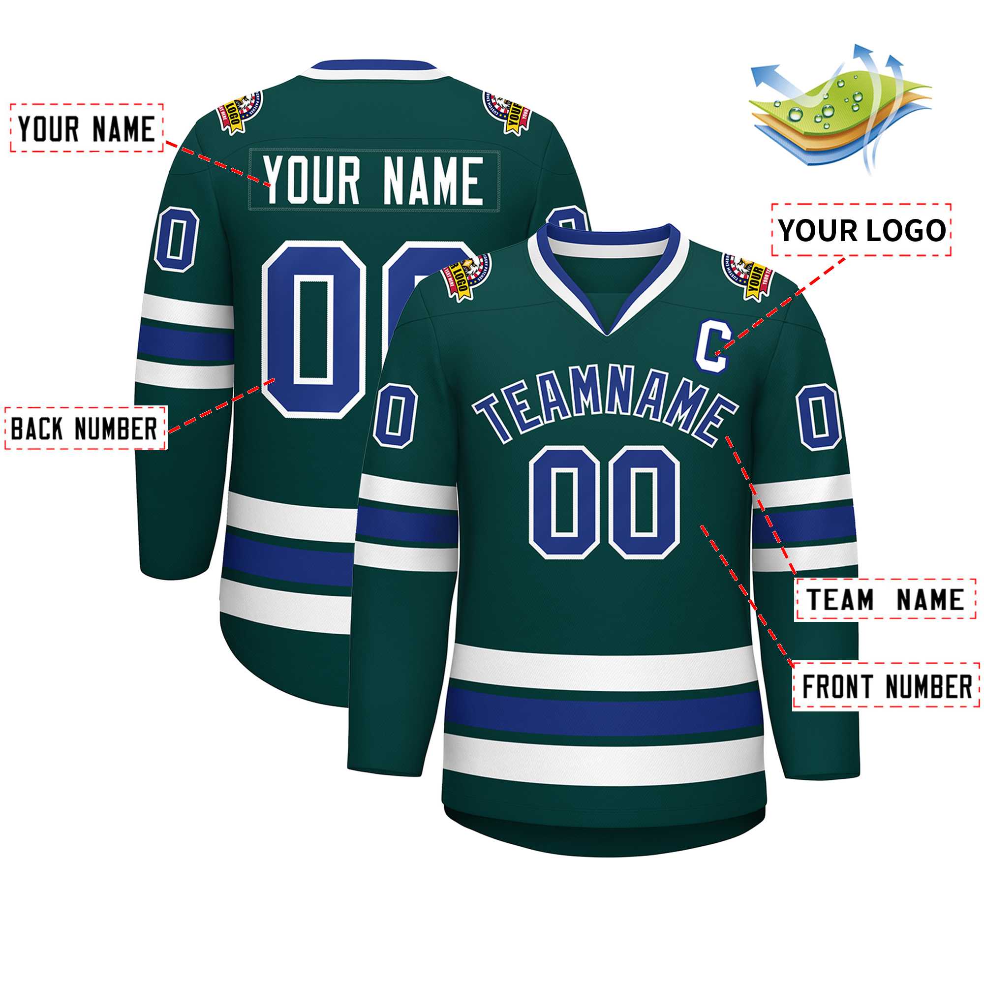 Maillot de hockey personnalisé de style classique, vert minuit, royal-blanc