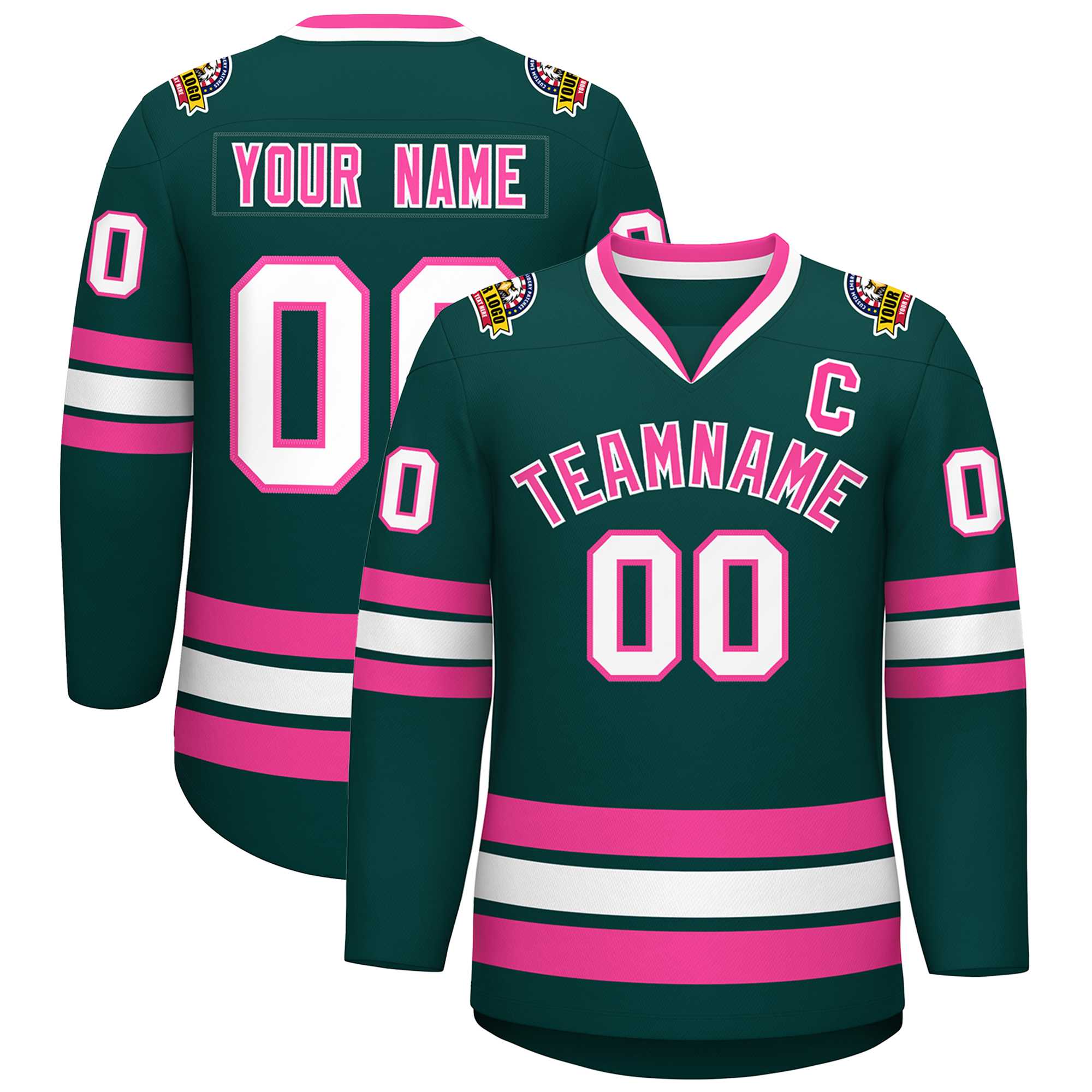 Custom Midnight Green Pink-White Classic Style Hockey Jersey