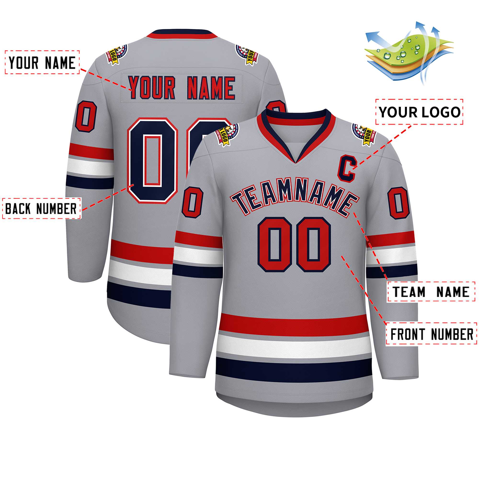 Custom Gray Navy White-Red Classic Style Hockey Jersey