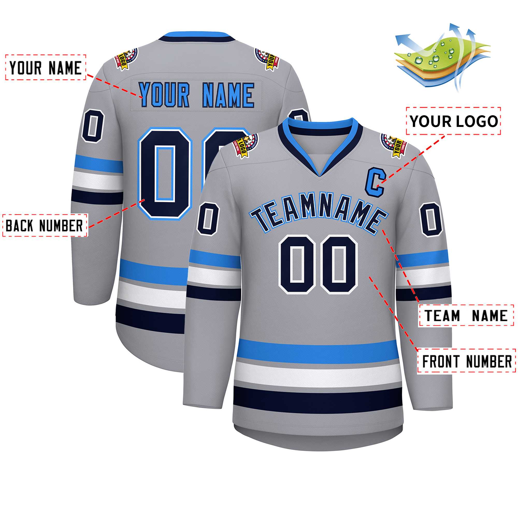 Custom Gray Navy White-Powder Blue Classic Style Hockey Jersey