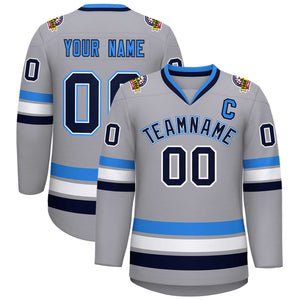 Maillot de hockey personnalisé gris marine blanc-bleu poudre, style classique