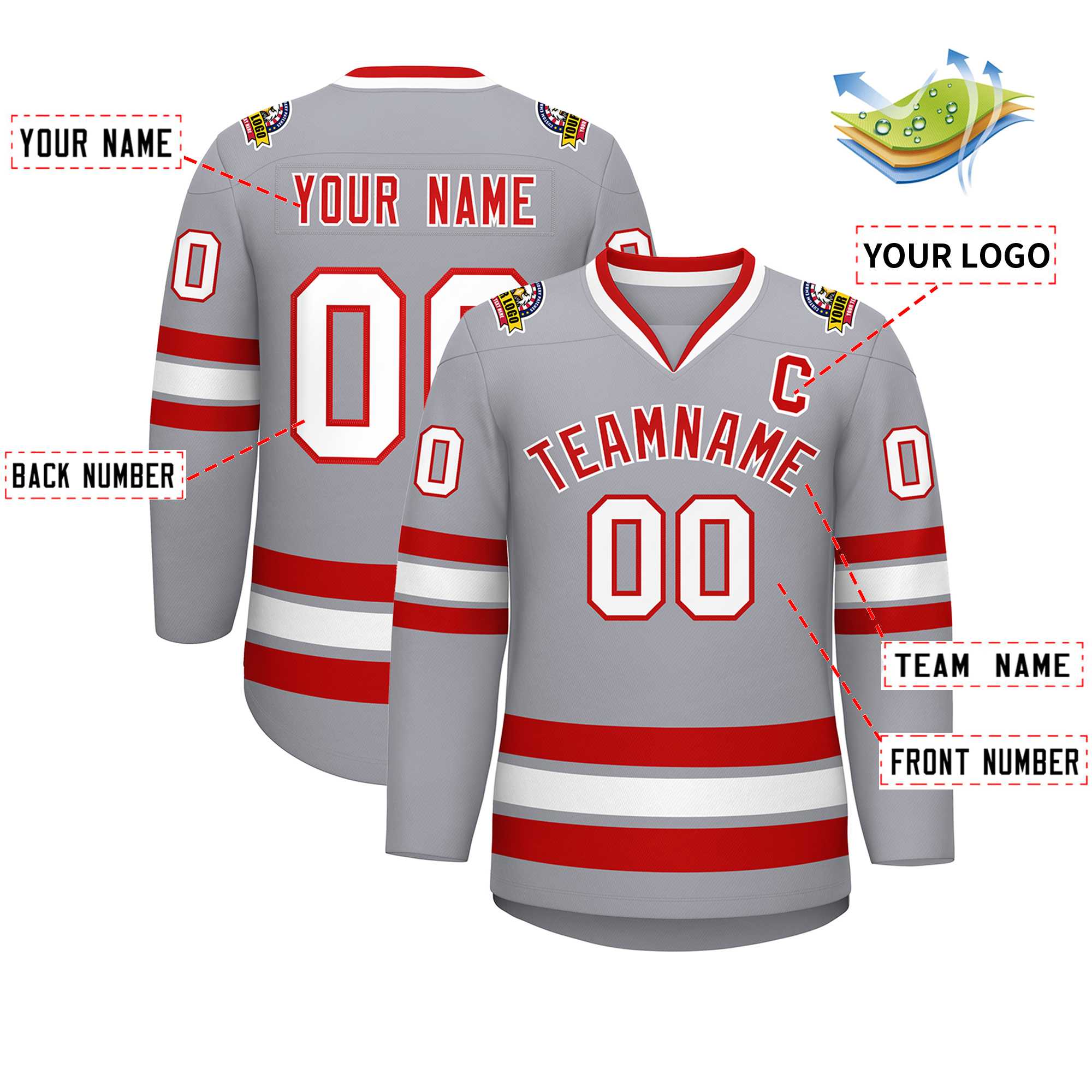 Maillot de hockey de style classique gris rouge-blanc personnalisé