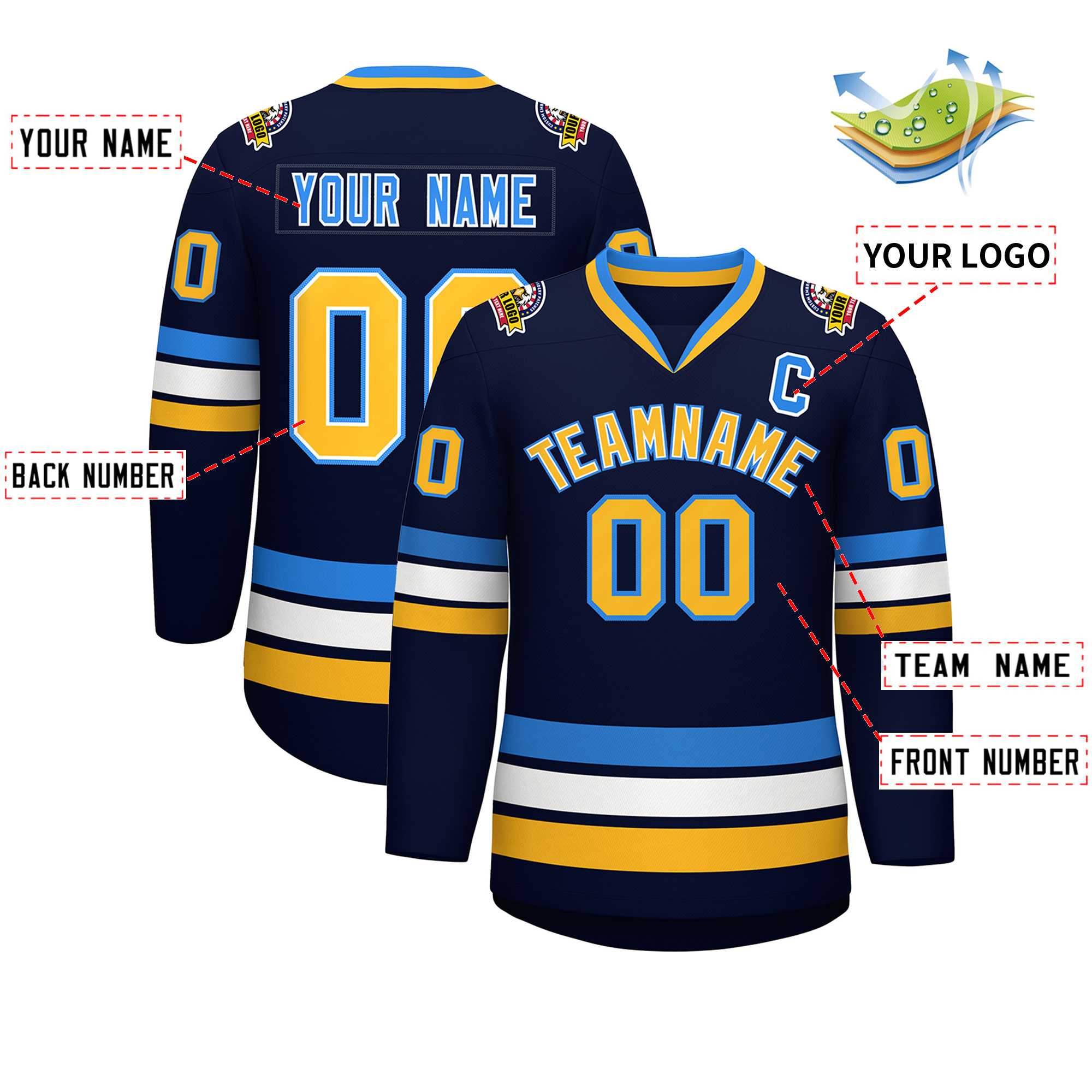 Custom Navy Gold White-Powder Blue Classic Style Hockey Jersey