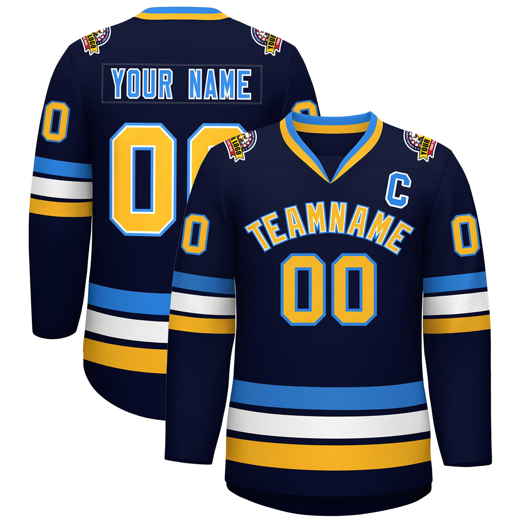 Custom Navy Gold White-Powder Blue Classic Style Hockey Jersey