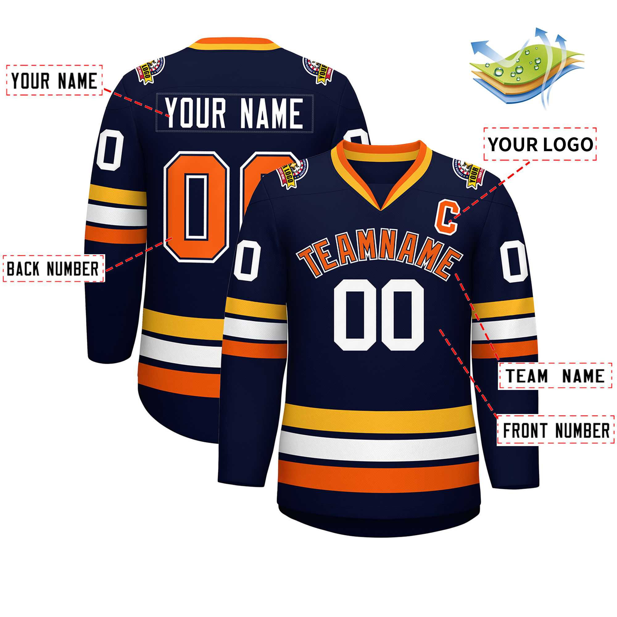 Custom Navy Orange Navy-White Classic Style Hockey Jersey