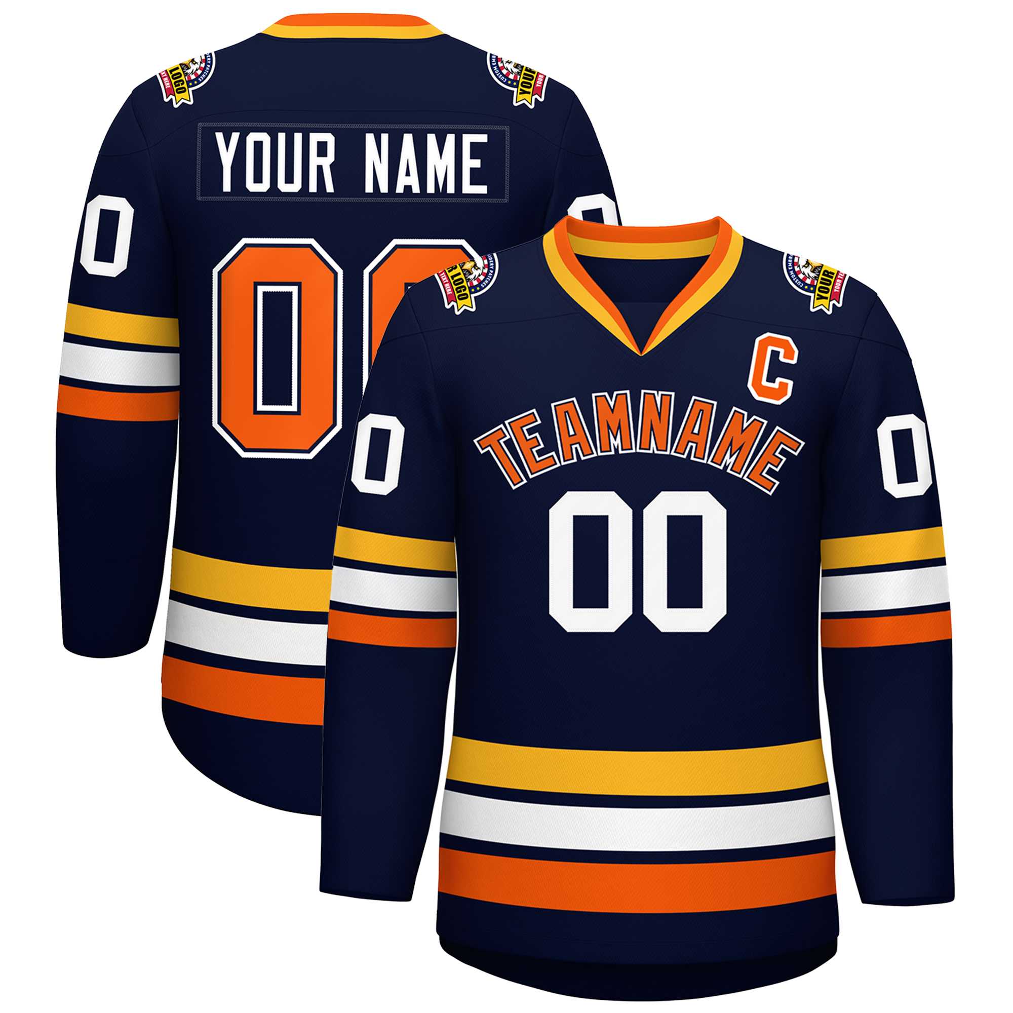 Custom Navy Orange Navy-White Classic Style Hockey Jersey