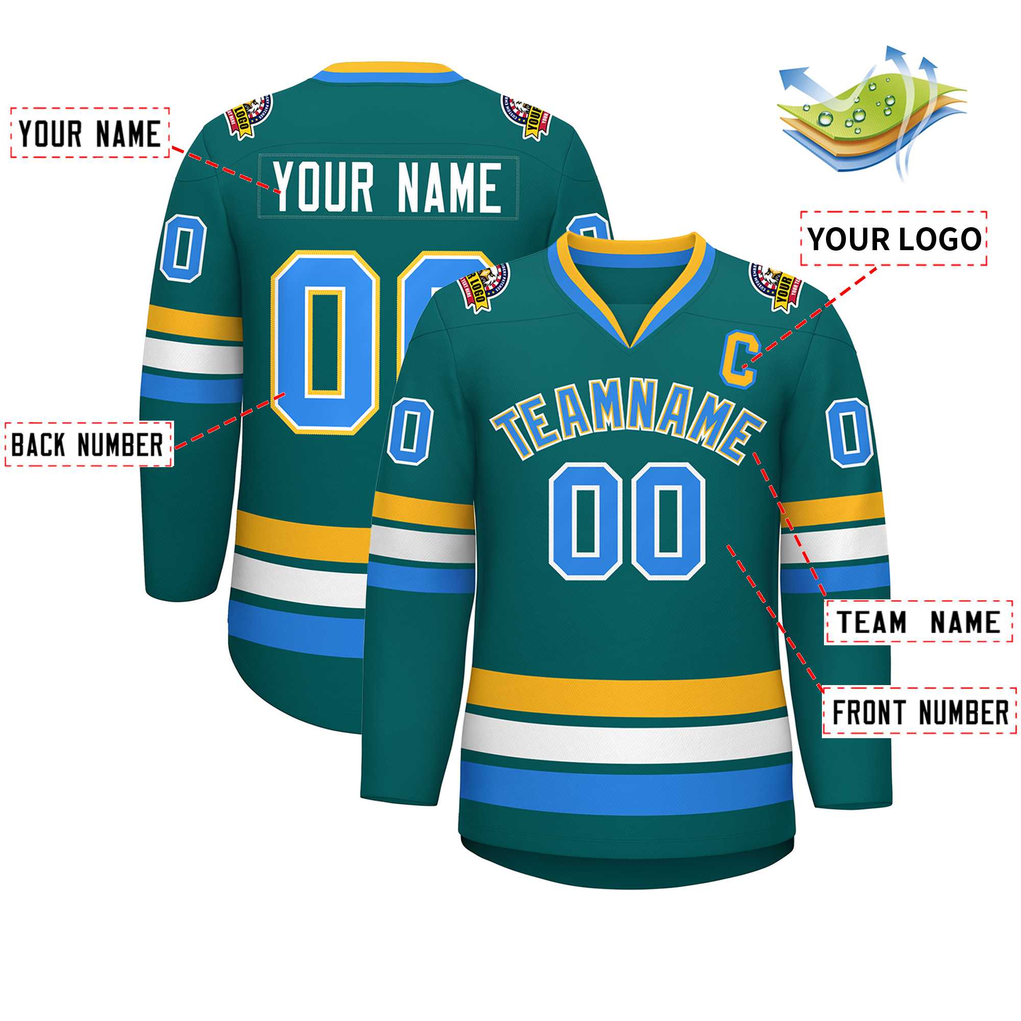 Custom Aqua Powder Blue White-Gold Classic Style Hockey Jersey