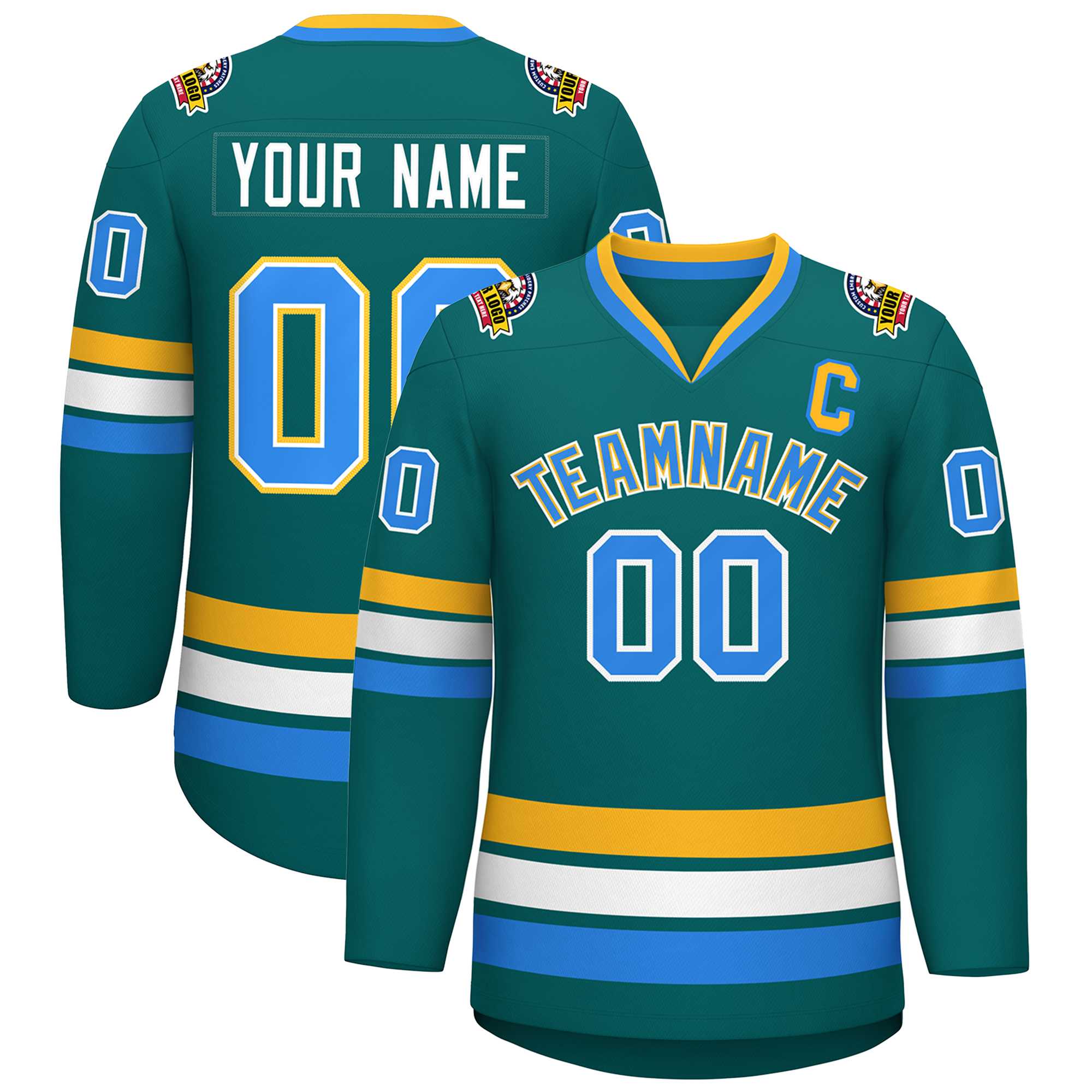 Custom Aqua Powder Blue White-Gold Classic Style Hockey Jersey