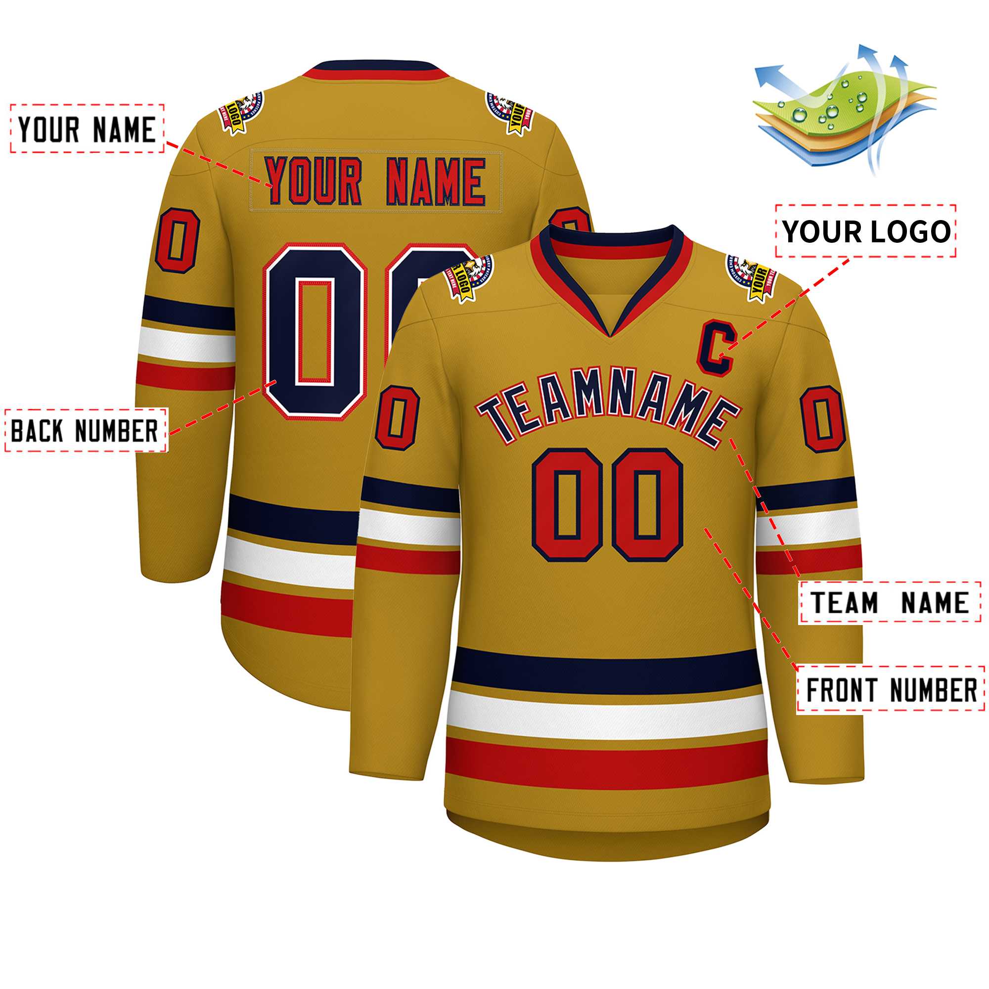 Custom Old Gold Navy White-Red Classic Style Hockey Jersey