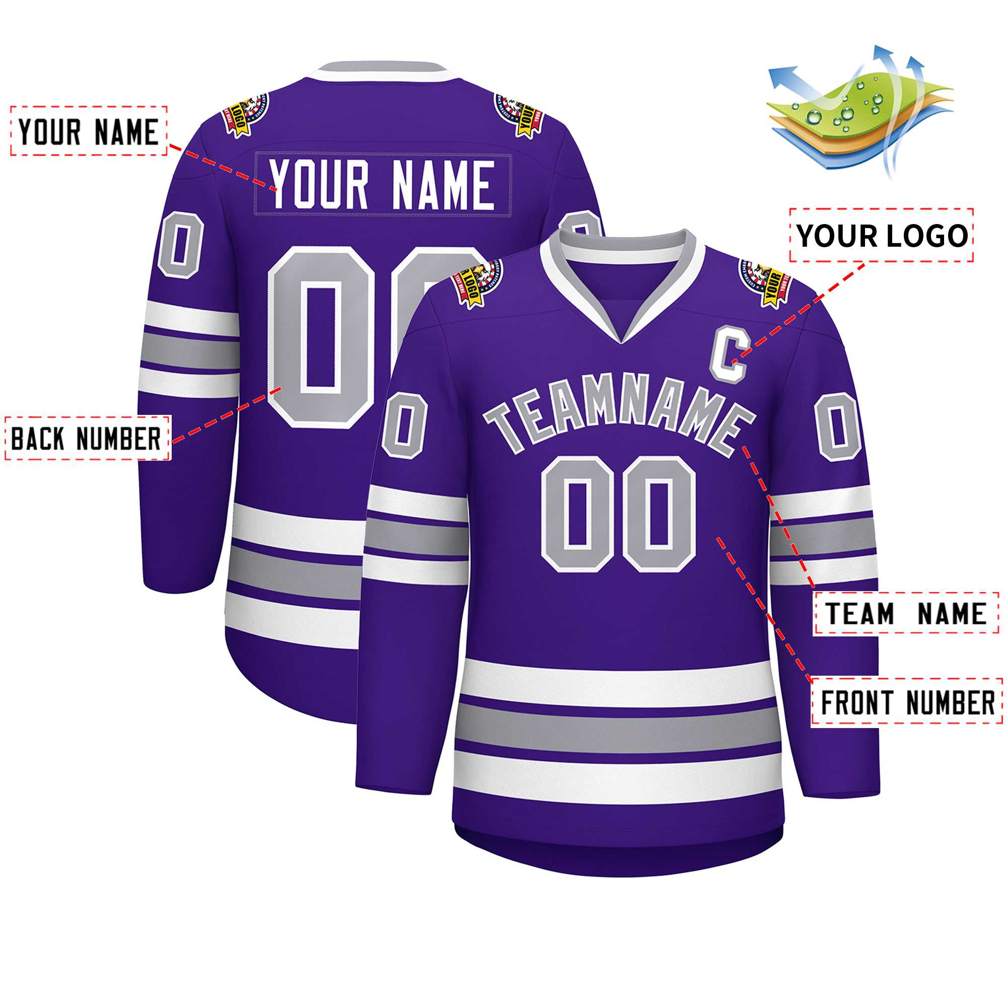 Maillot de hockey de style classique violet gris-blanc personnalisé