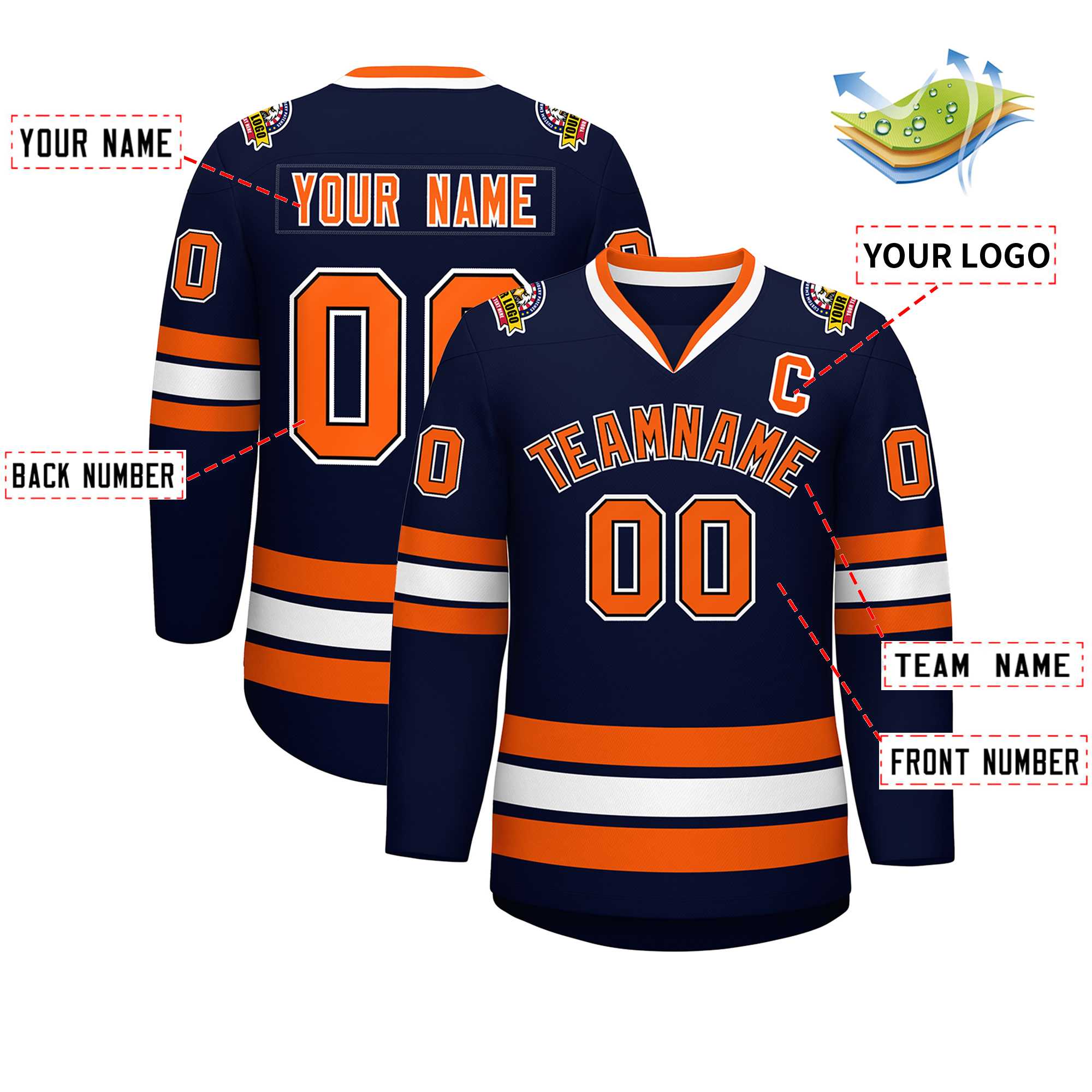 Custom Navy Orange Black-White Classic Style Hockey Jersey