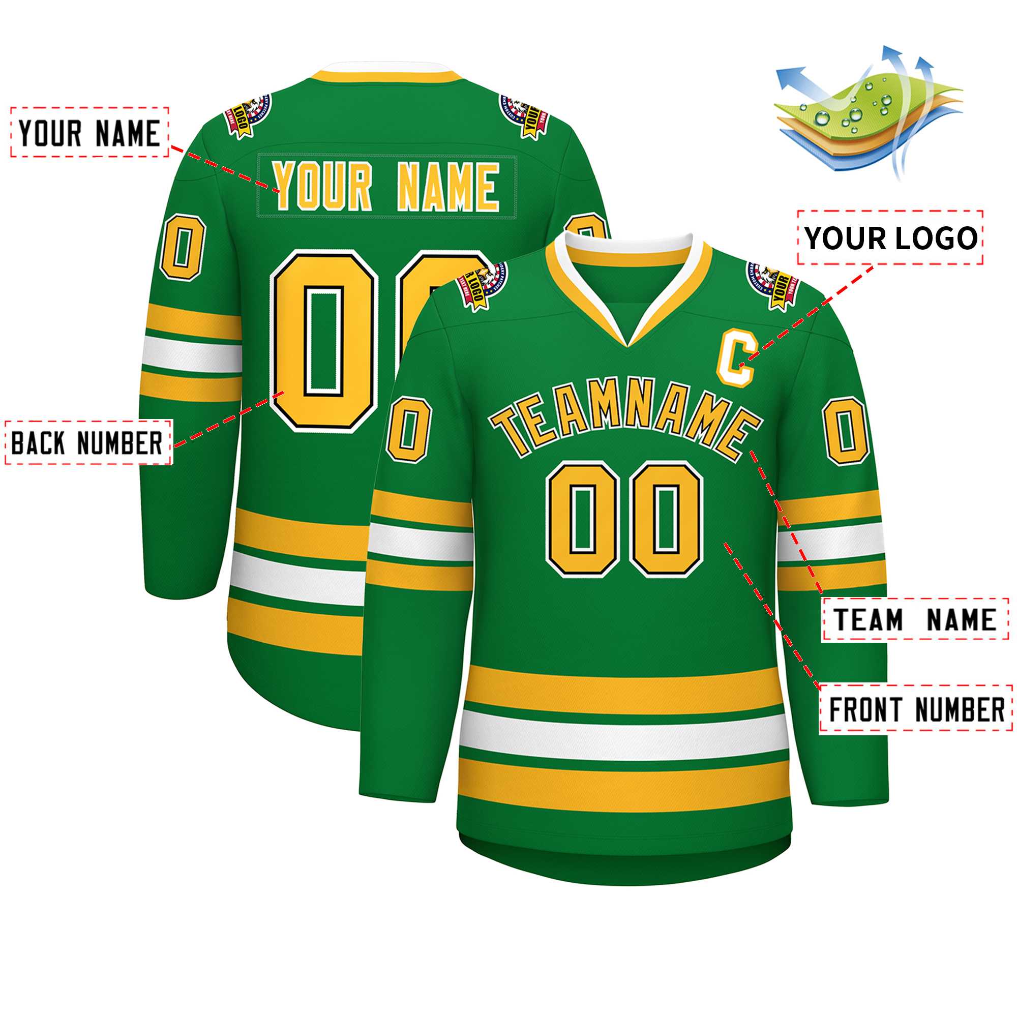 Custom Kelly Green Gold Black-White Classic Style Hockey Jersey