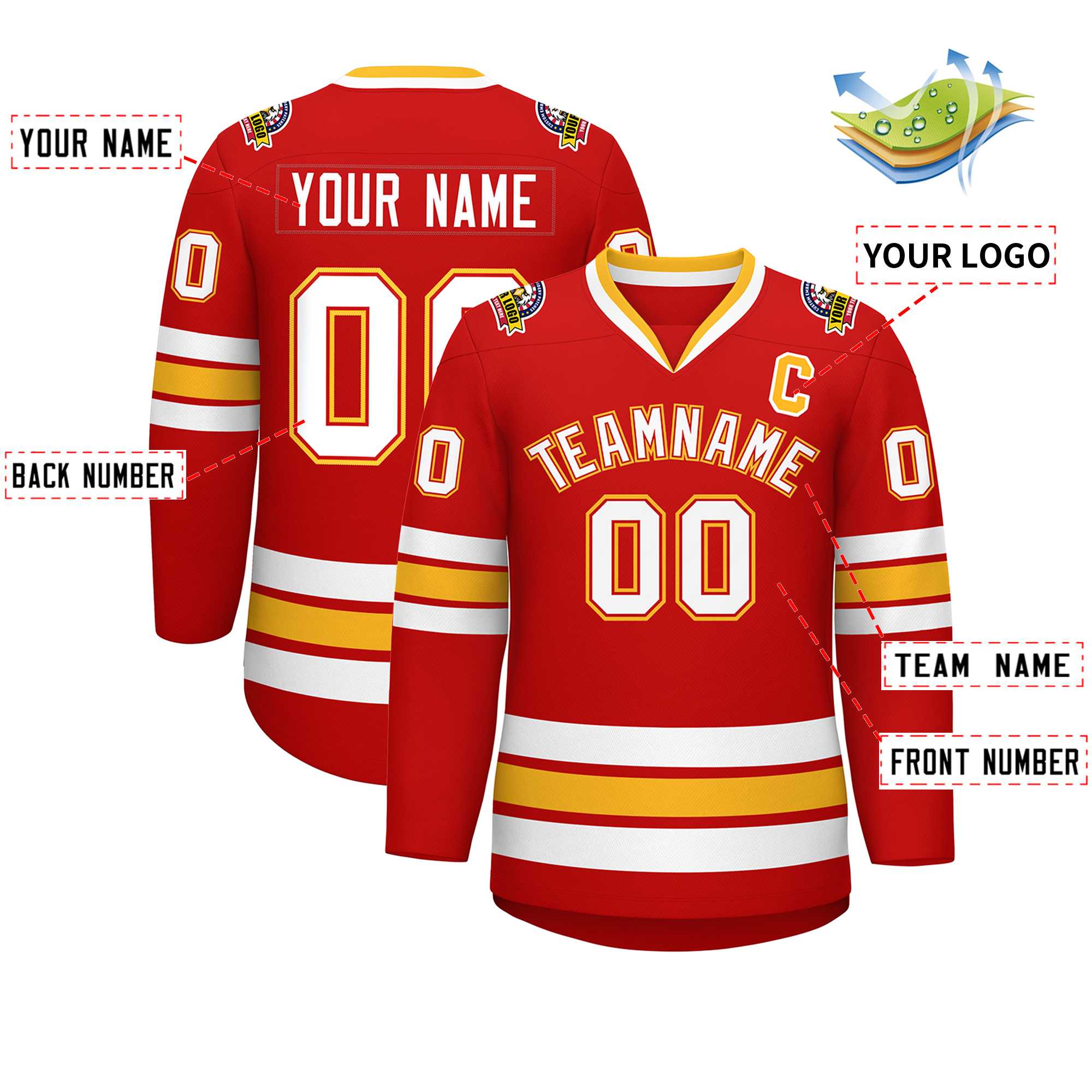 Custom Red White Red-Gold Classic Style Hockey Jersey