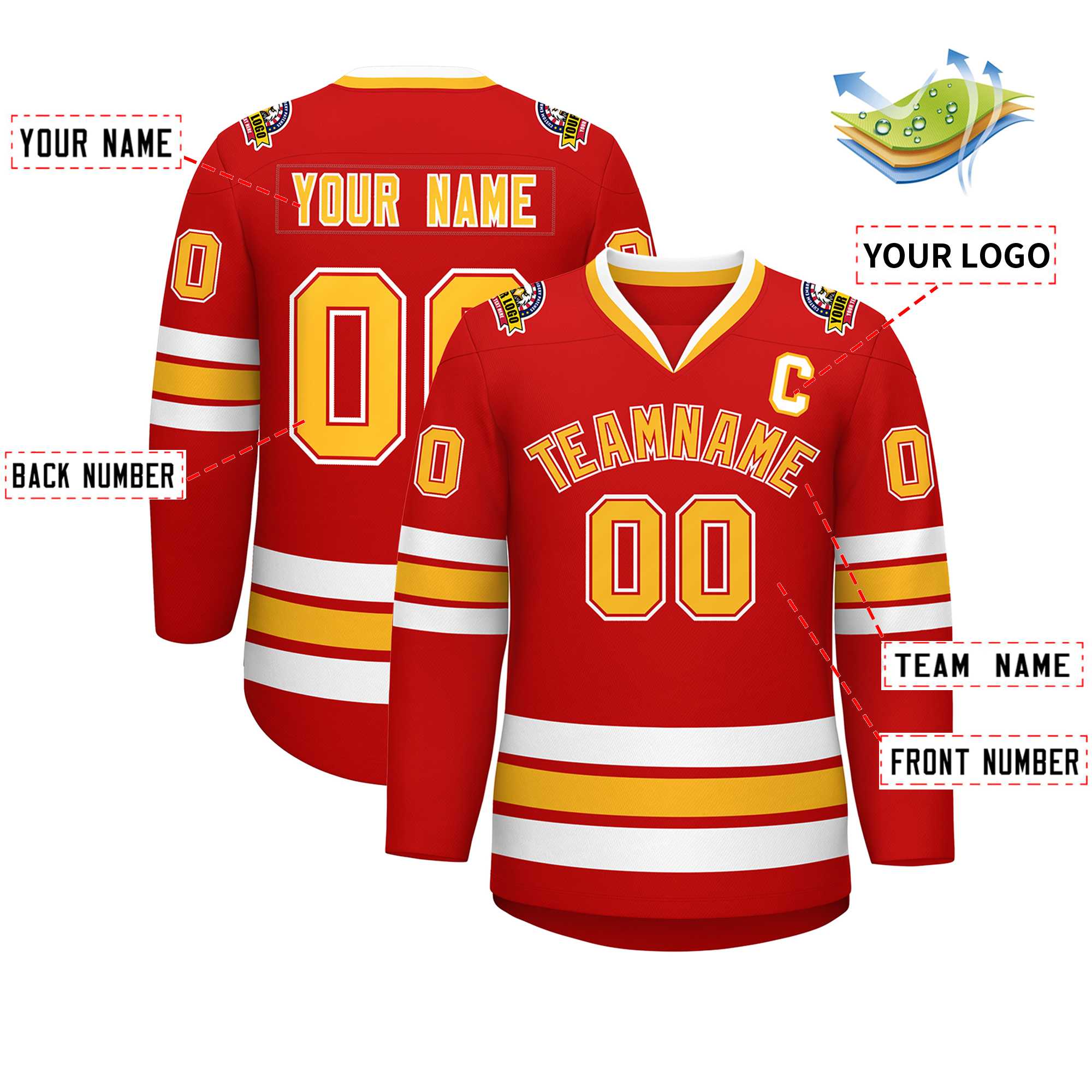 Custom Red Gold Red-White Classic Style Hockey Jersey