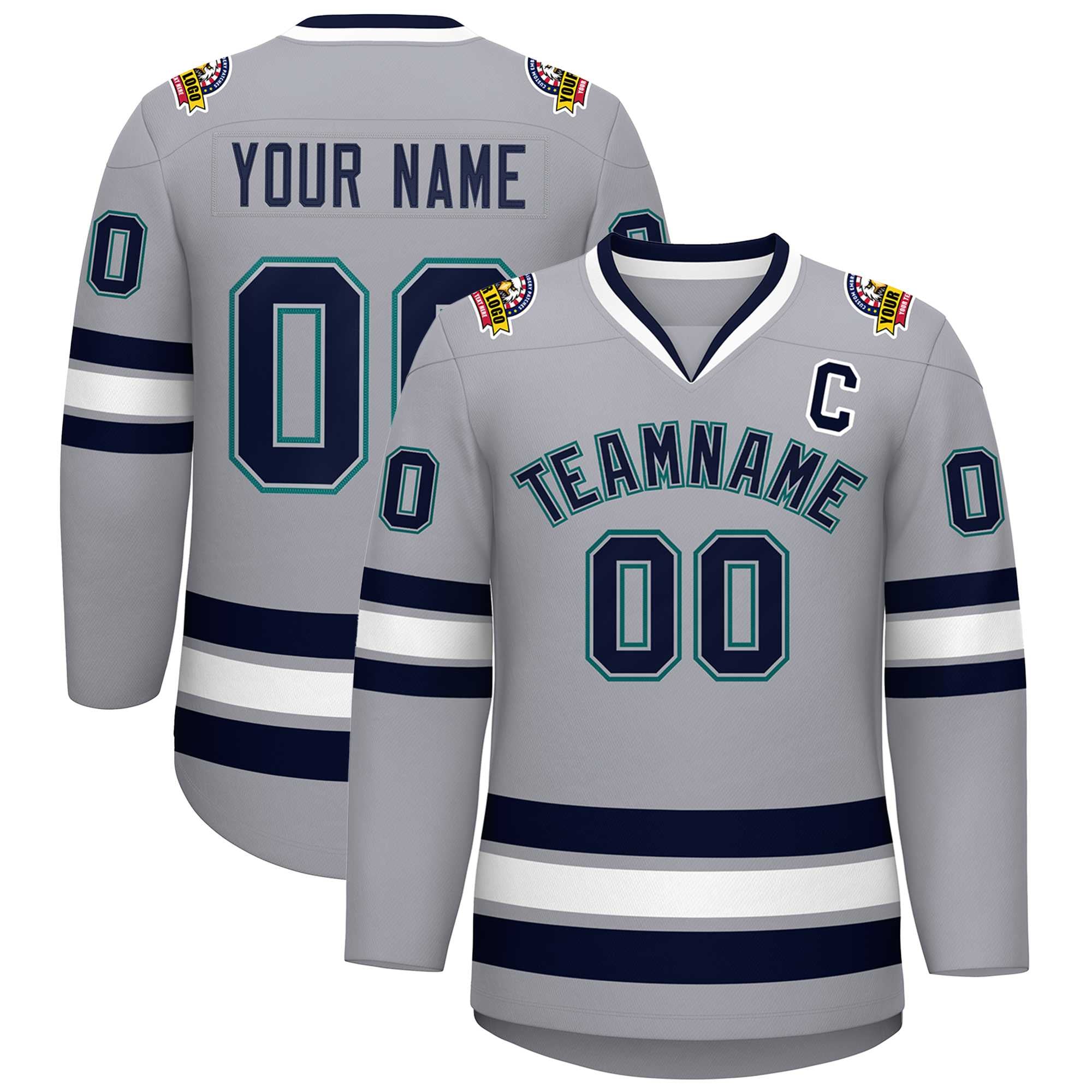 Custom Gray Navy Gray-Aqua Classic Style Hockey Jersey