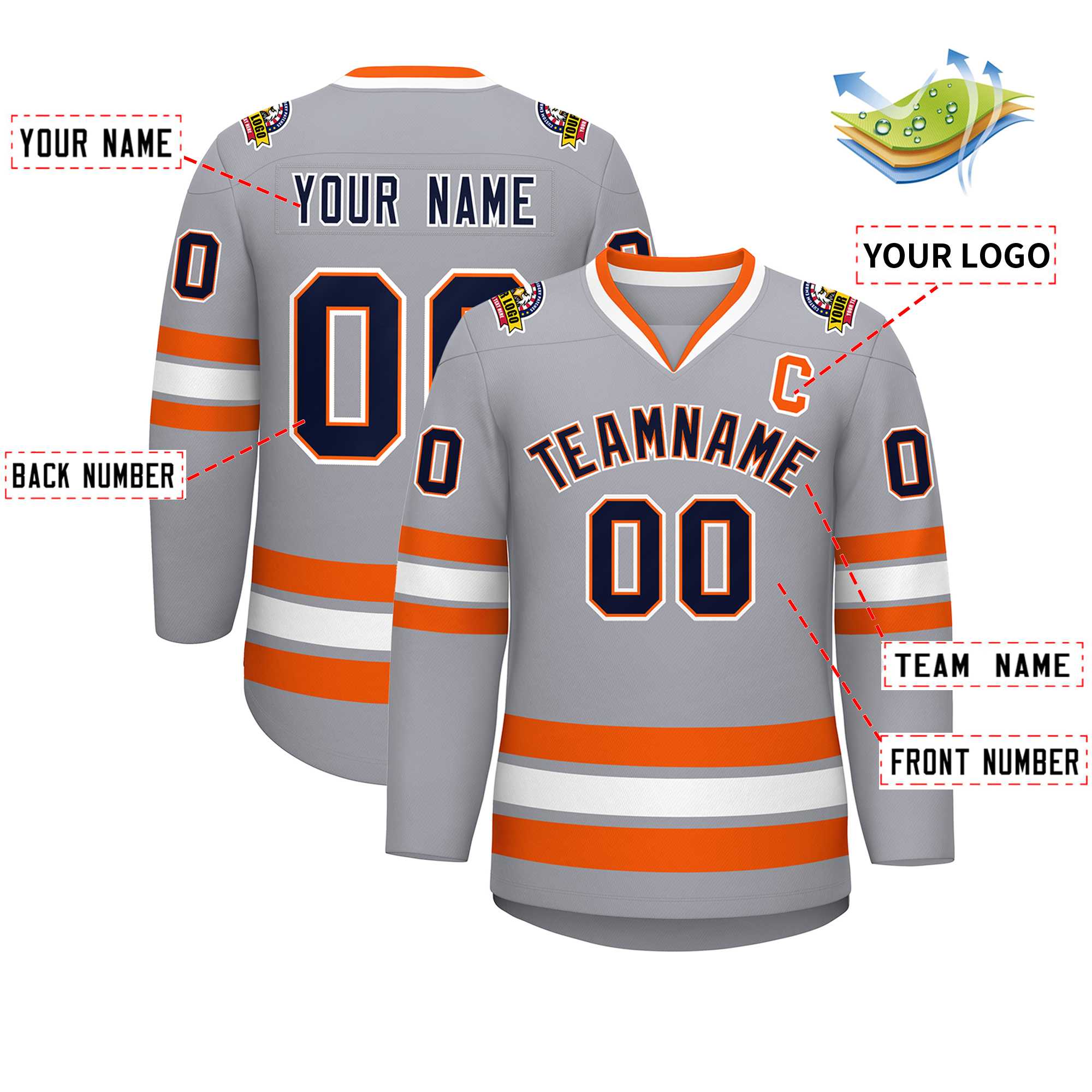 Maillot de hockey de style classique personnalisé gris marine orange-blanc