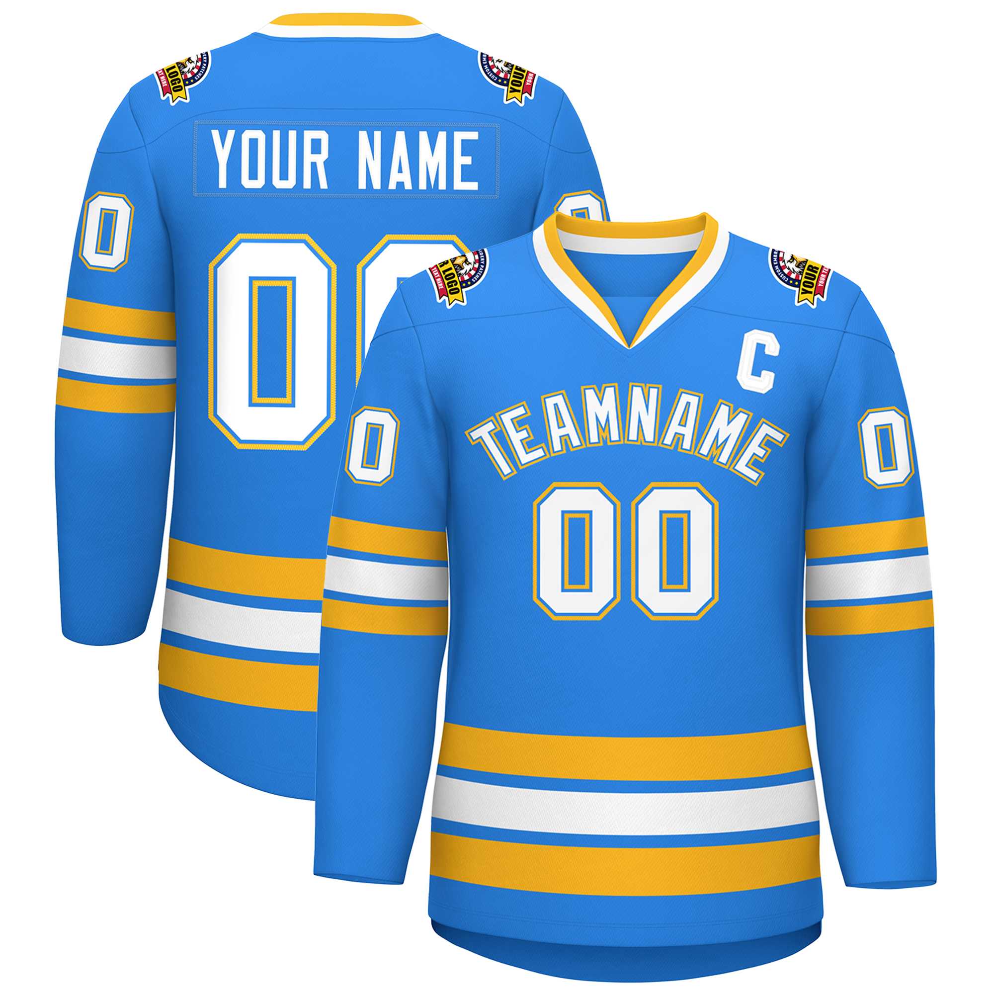 Custom Powder Blue White Powder Blue-Gold Classic Style Hockey Jersey