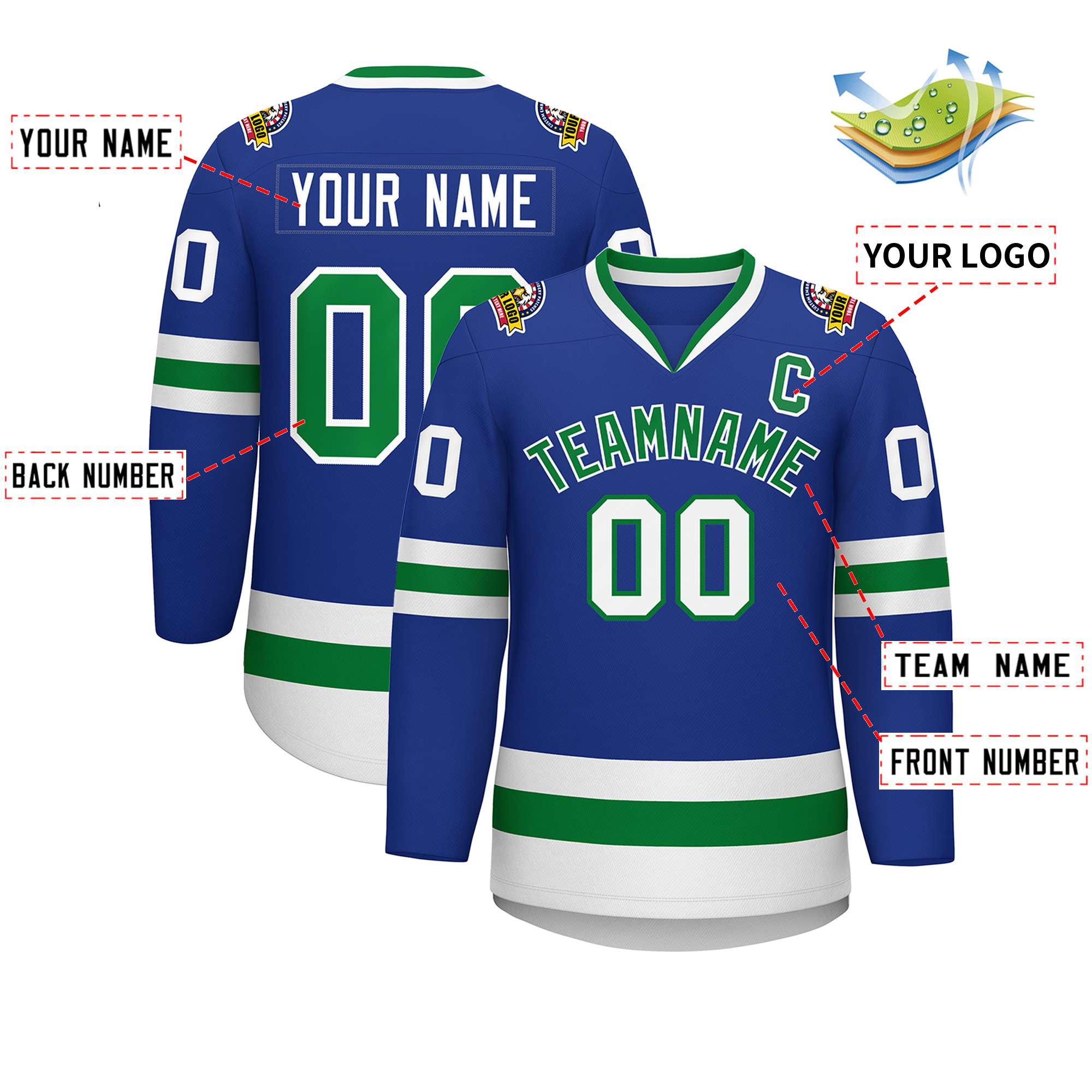 Maillot de hockey personnalisé Royal Kelly vert-blanc de style classique